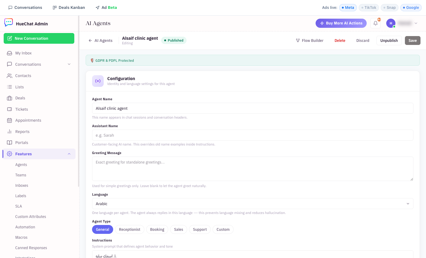 The agent editor: name, assistant name, greeting and language