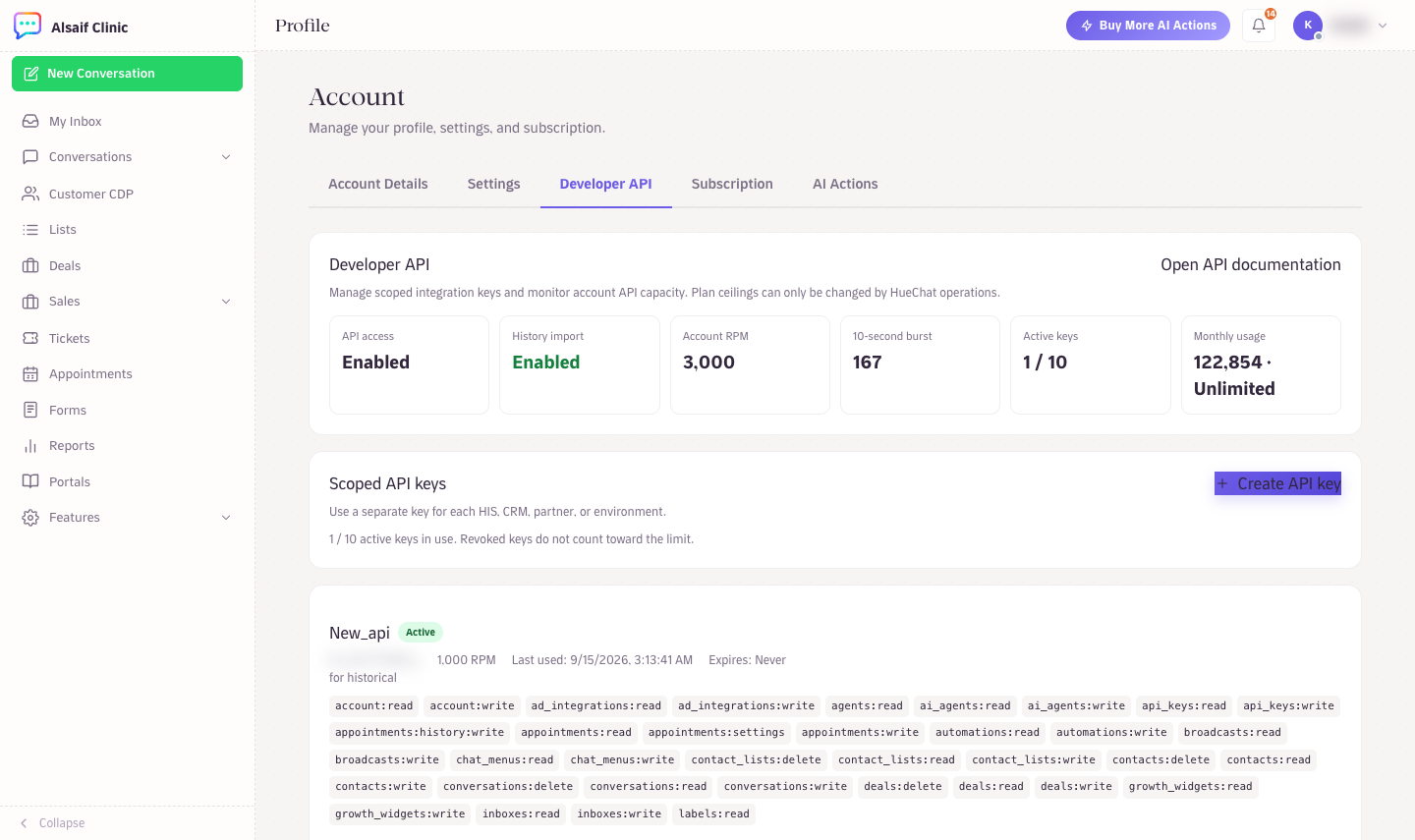 Profile, Developer API: capacity cards and scoped API keys