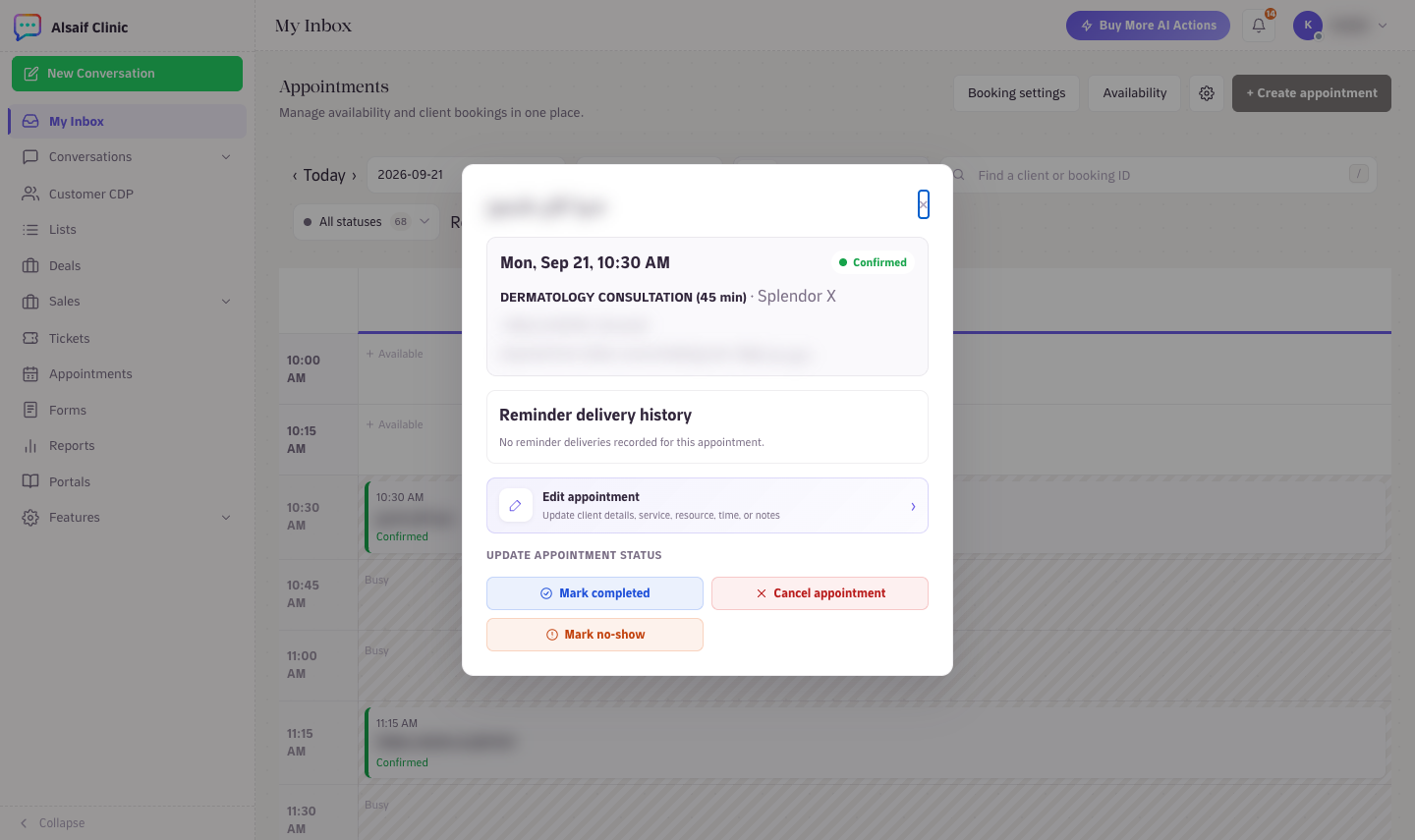 An open booking with its reminder delivery history and status actions