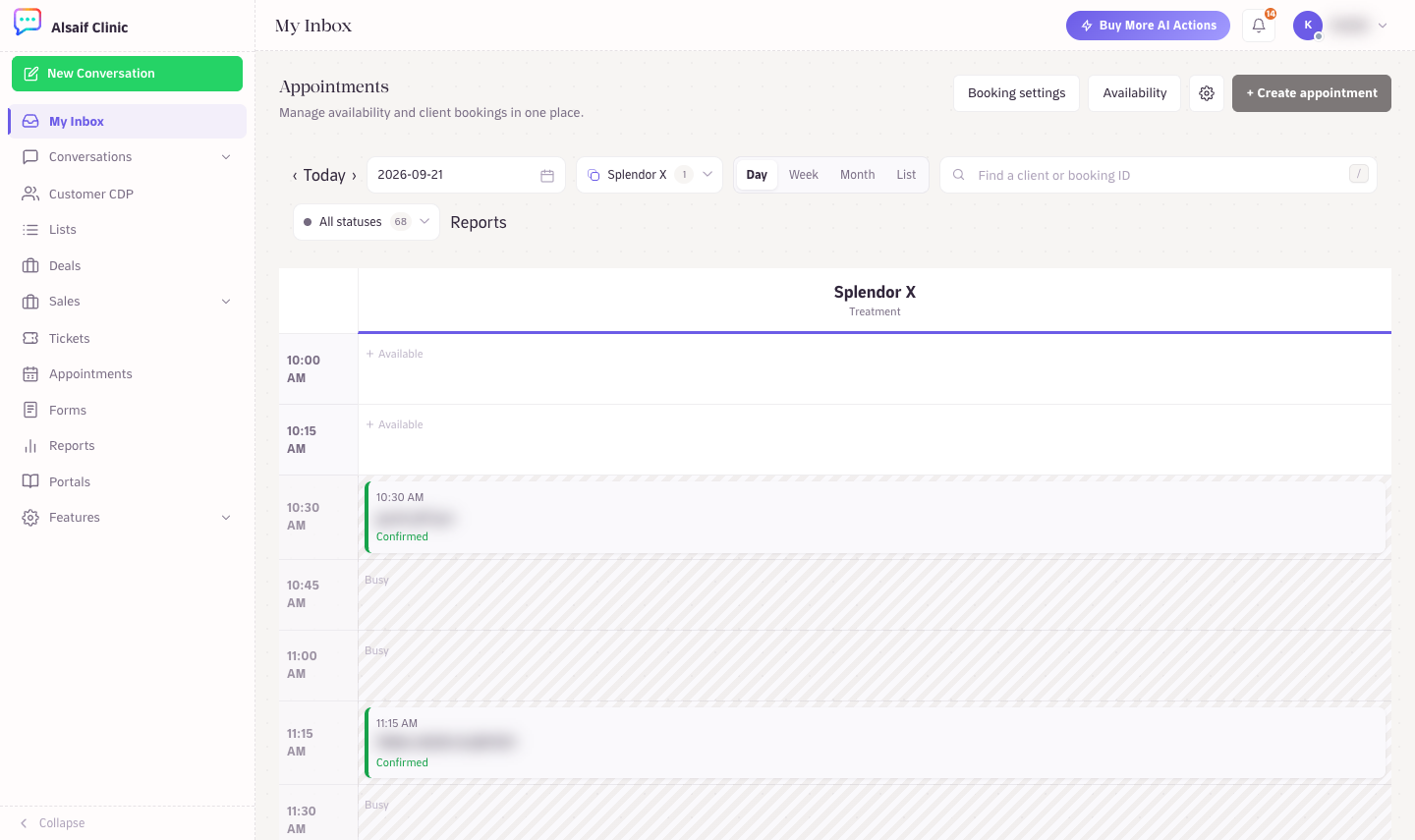The day view filtered to one resource, with booking statuses