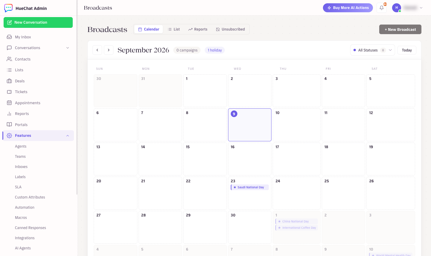 Broadcasts: calendar, list, reports and unsubscribed