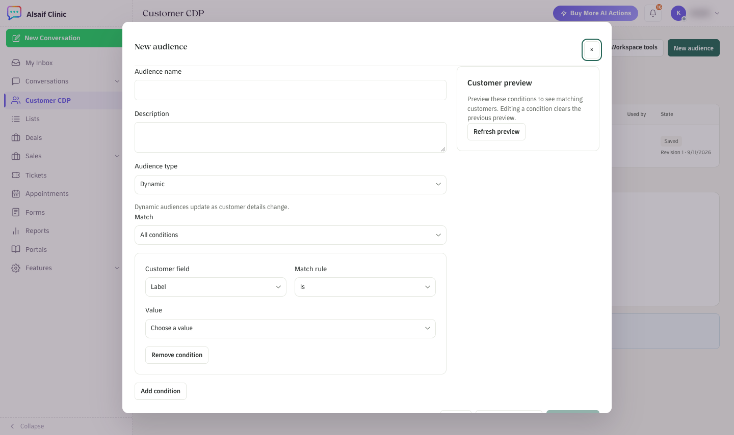 The New audience editor with a rule and the customer preview