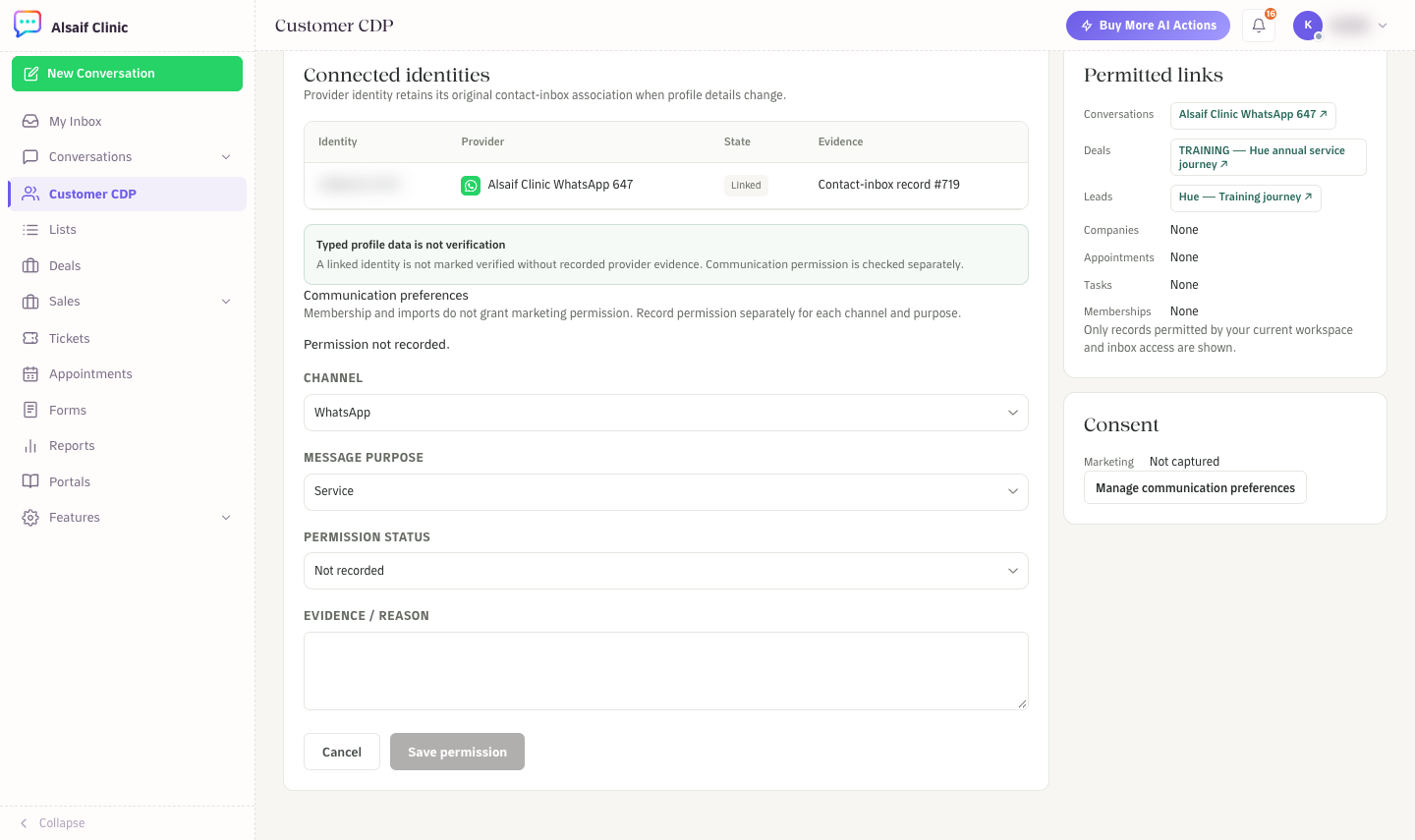 Update permission: channel, message purpose, permission status and evidence
