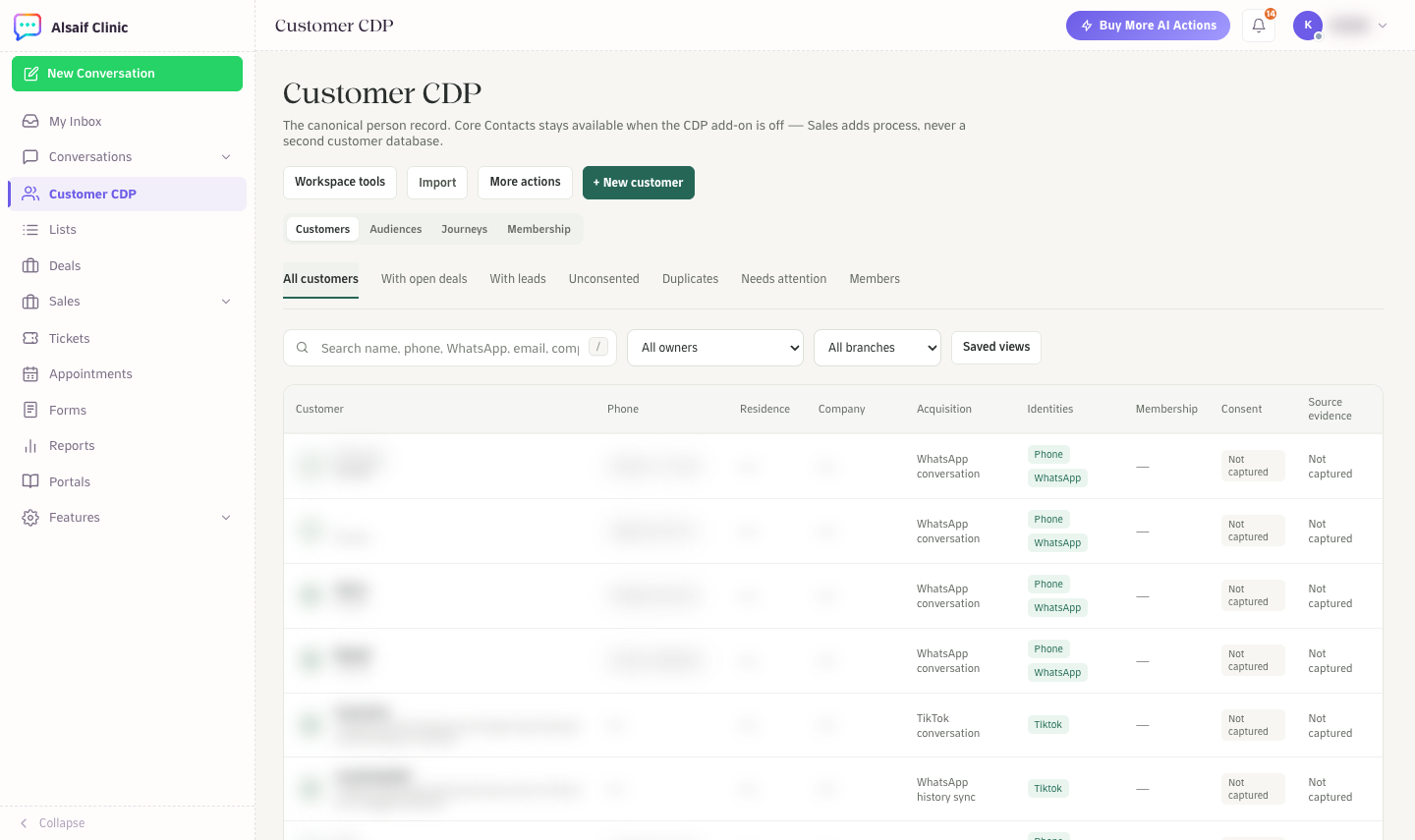 The Customer CDP directory with queues, filters and columns