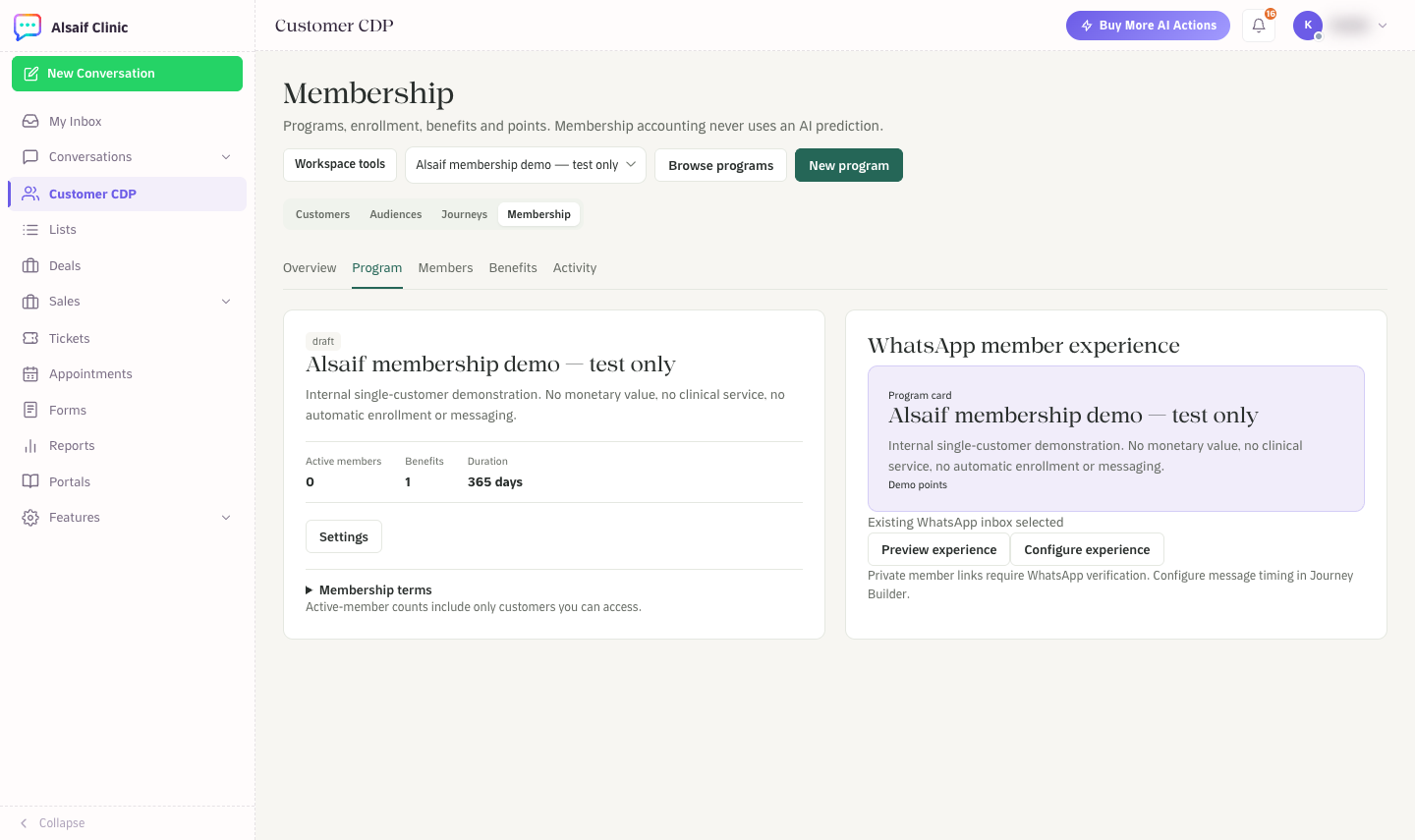 A membership program with its details and the WhatsApp member experience