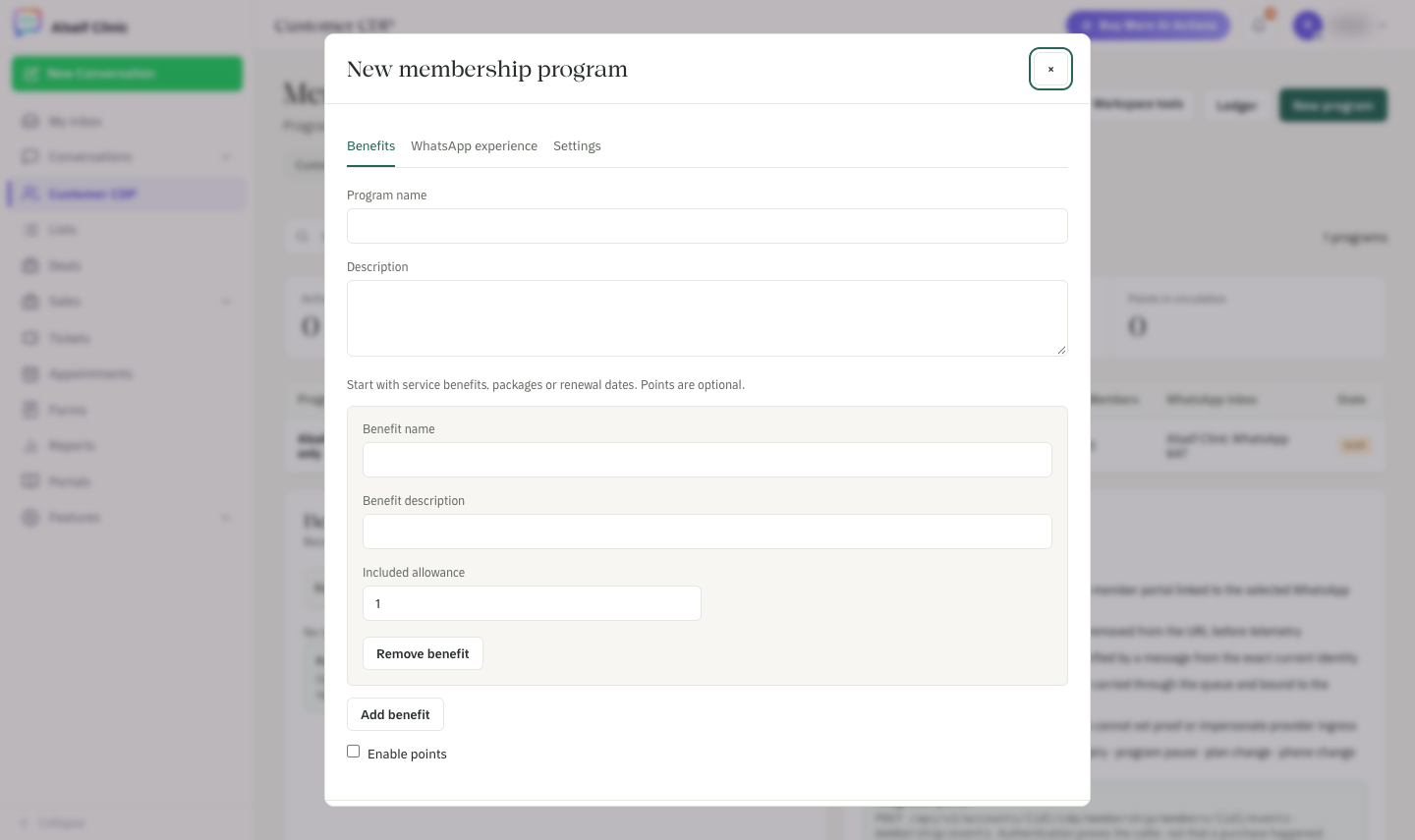 The New membership program editor with benefits, WhatsApp experience and settings