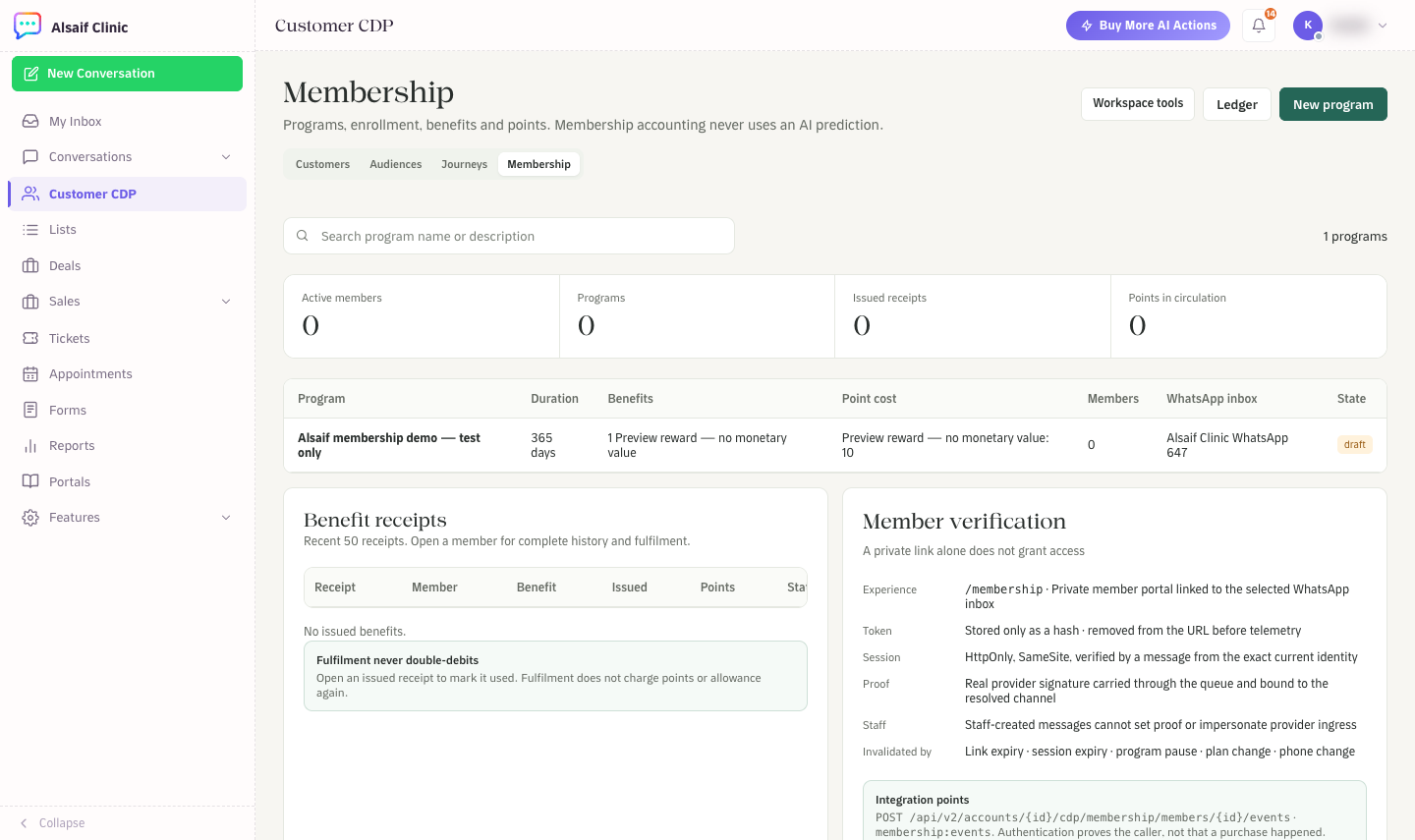 Membership with programs, benefit receipts and member verification