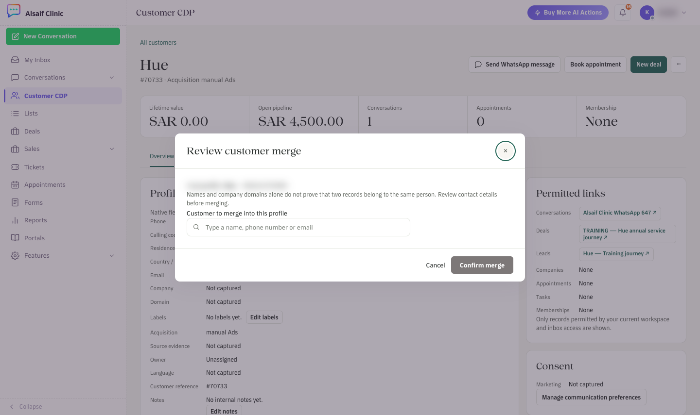 Review customer merge: find the profile to merge and check it before you confirm