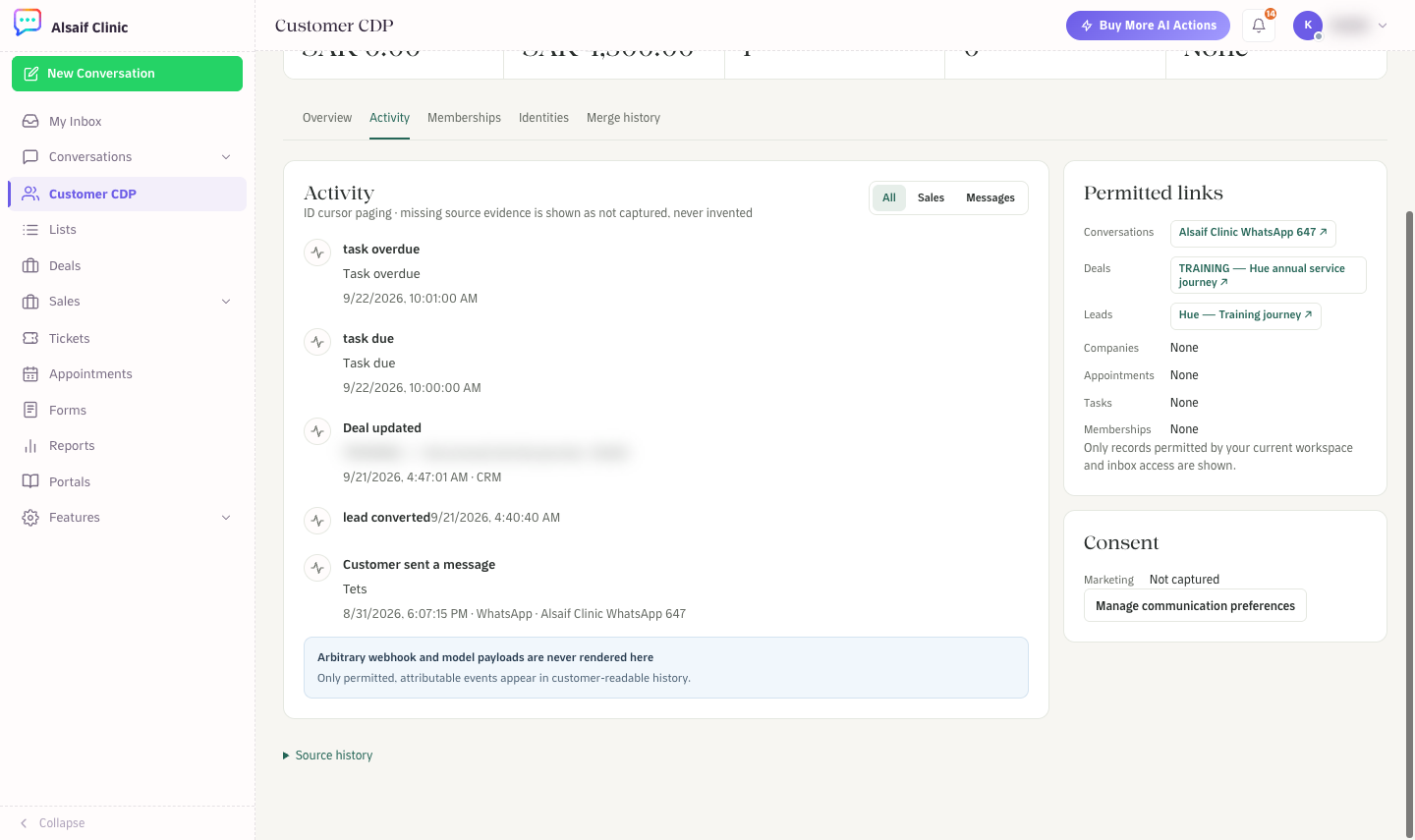 The Activity tab shows messages, sales events and tasks in one timeline