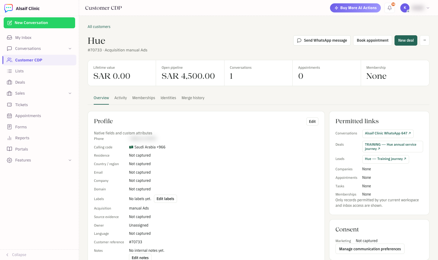 A customer profile with the header actions, key figures and the Overview tab