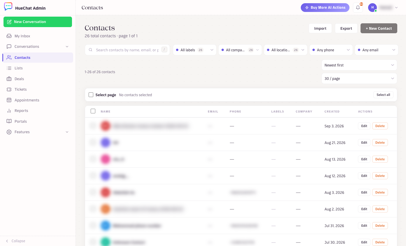 Contacts: Import, Export and New Contact
