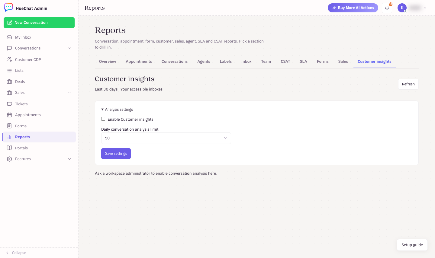 Customer insights analysis settings