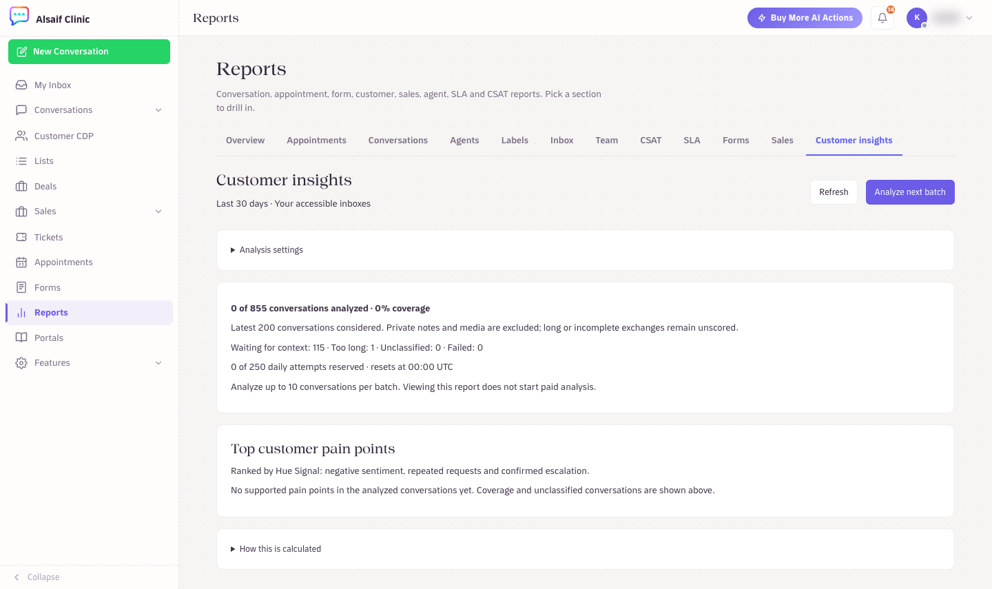 Customer insights with coverage, daily attempts and top pain points