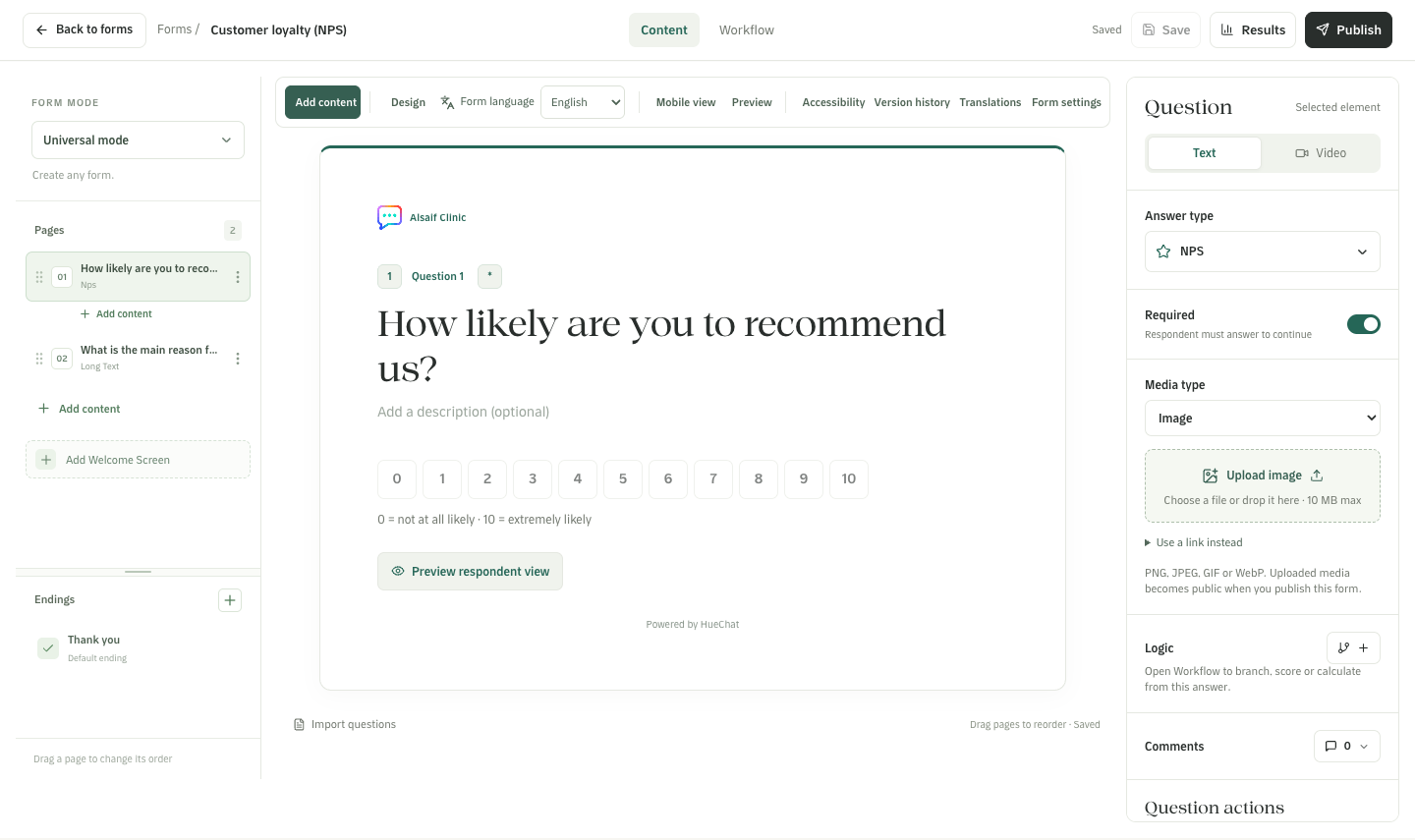 The form builder with pages, the question editor and settings