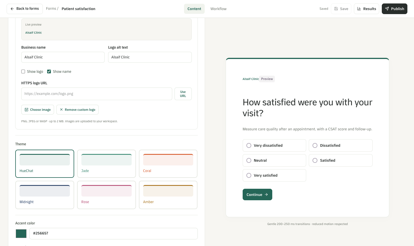 Design: business name, logo, theme and accent color with a live preview