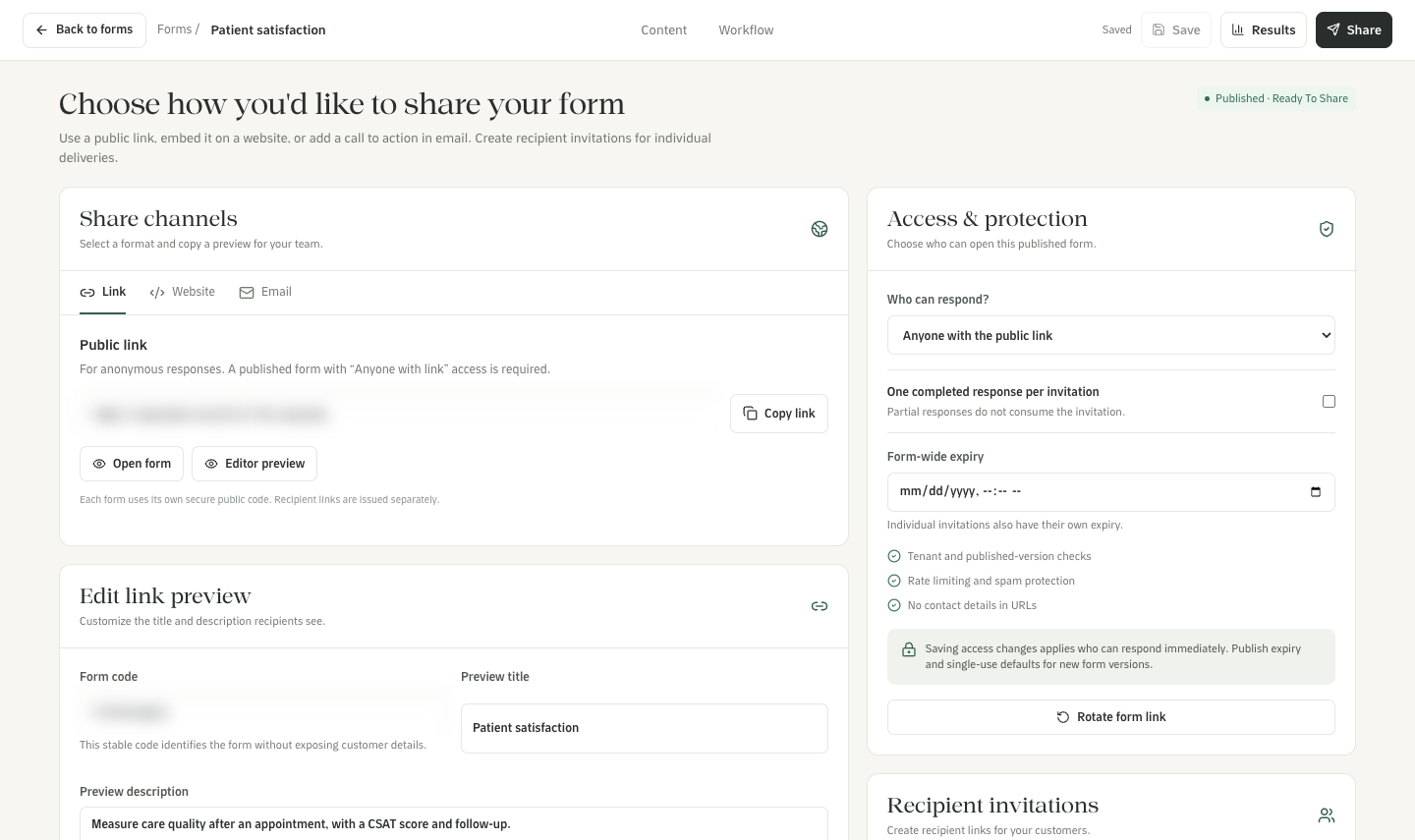 The Share page with the public link, link preview, access and recipient invitations