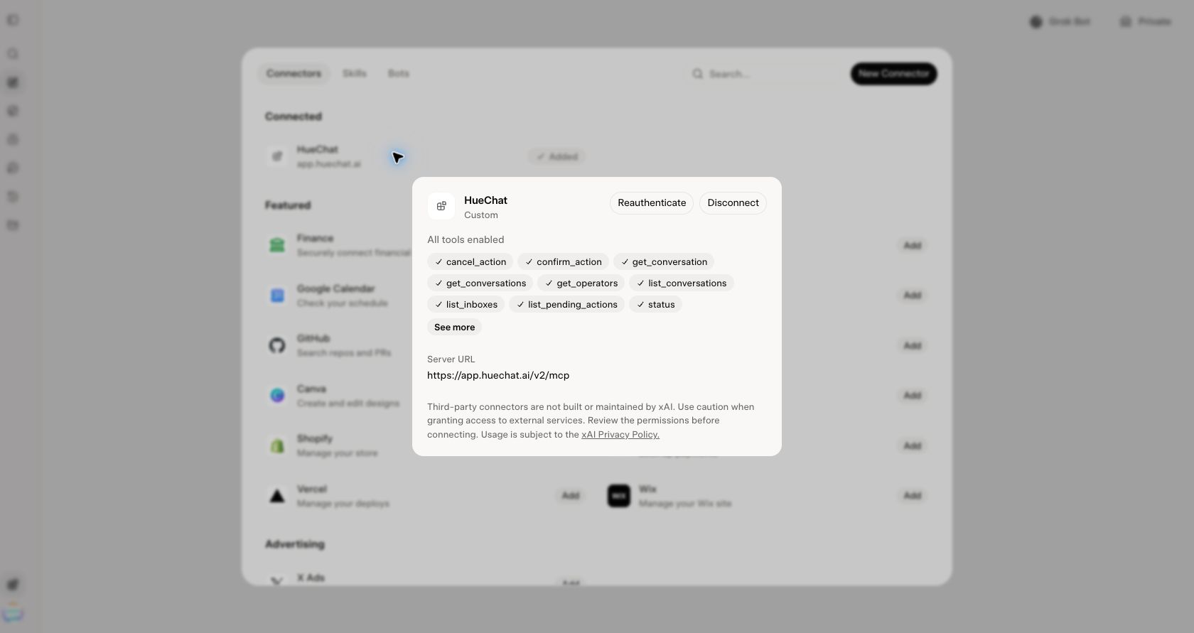 Connected HueChat in Grok with its discovered tools
