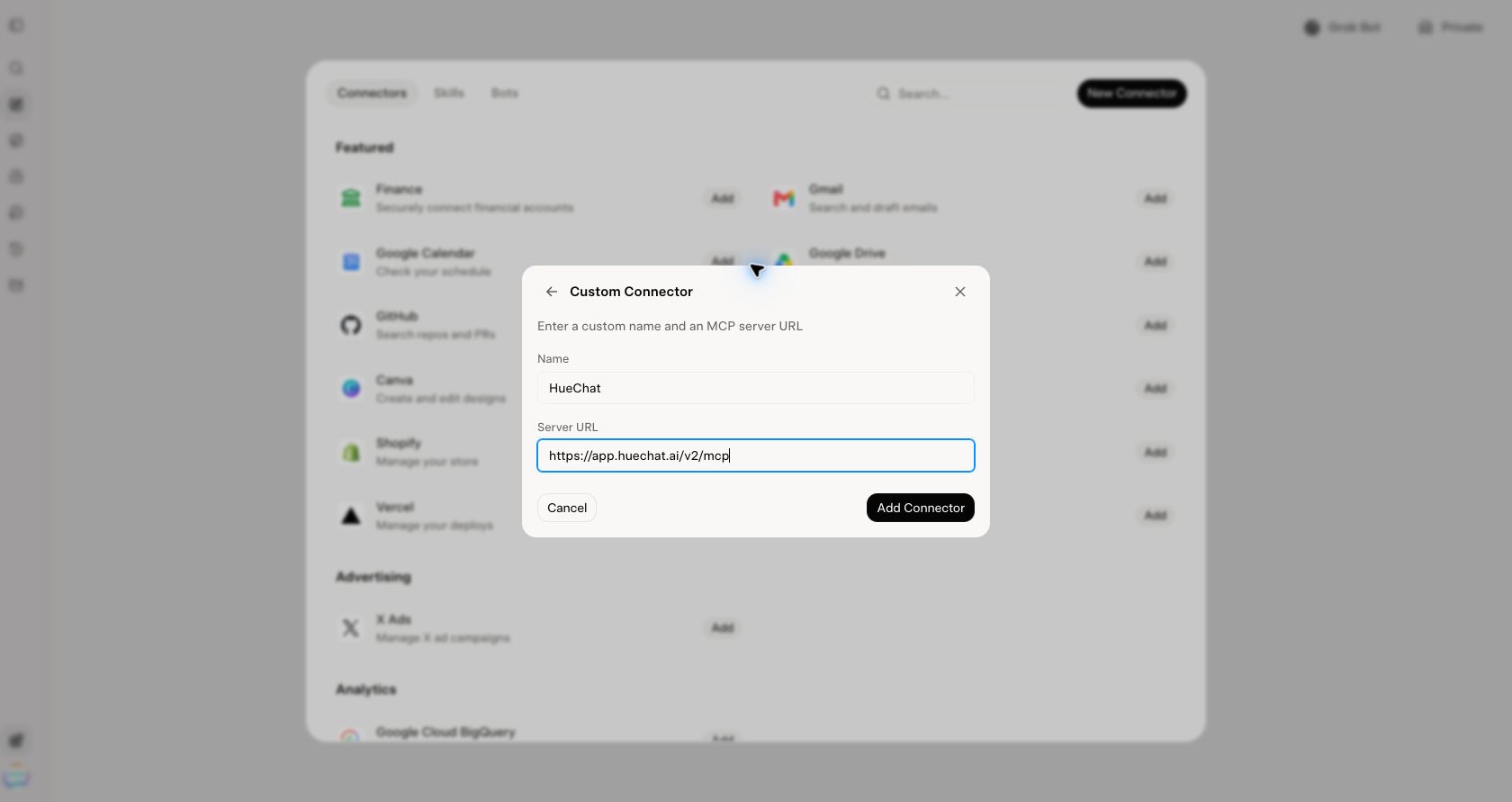 Grok Custom Connector form with the HueChat name and server URL