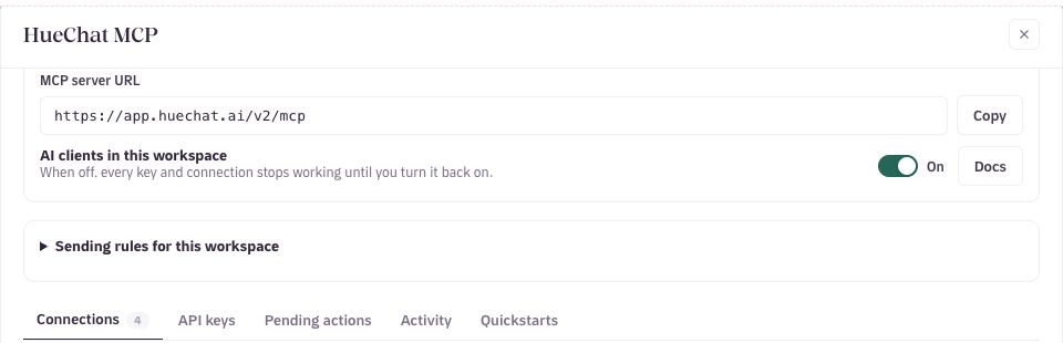 HueChat MCP settings showing the server URL and AI clients switched on