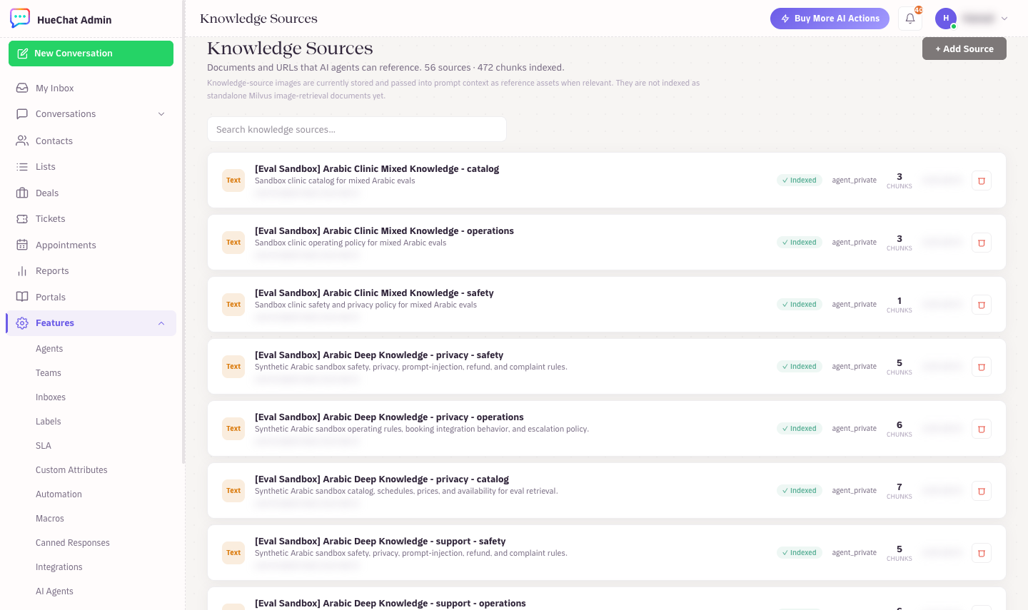 Knowledge Sources: documents and URLs the agent can reference