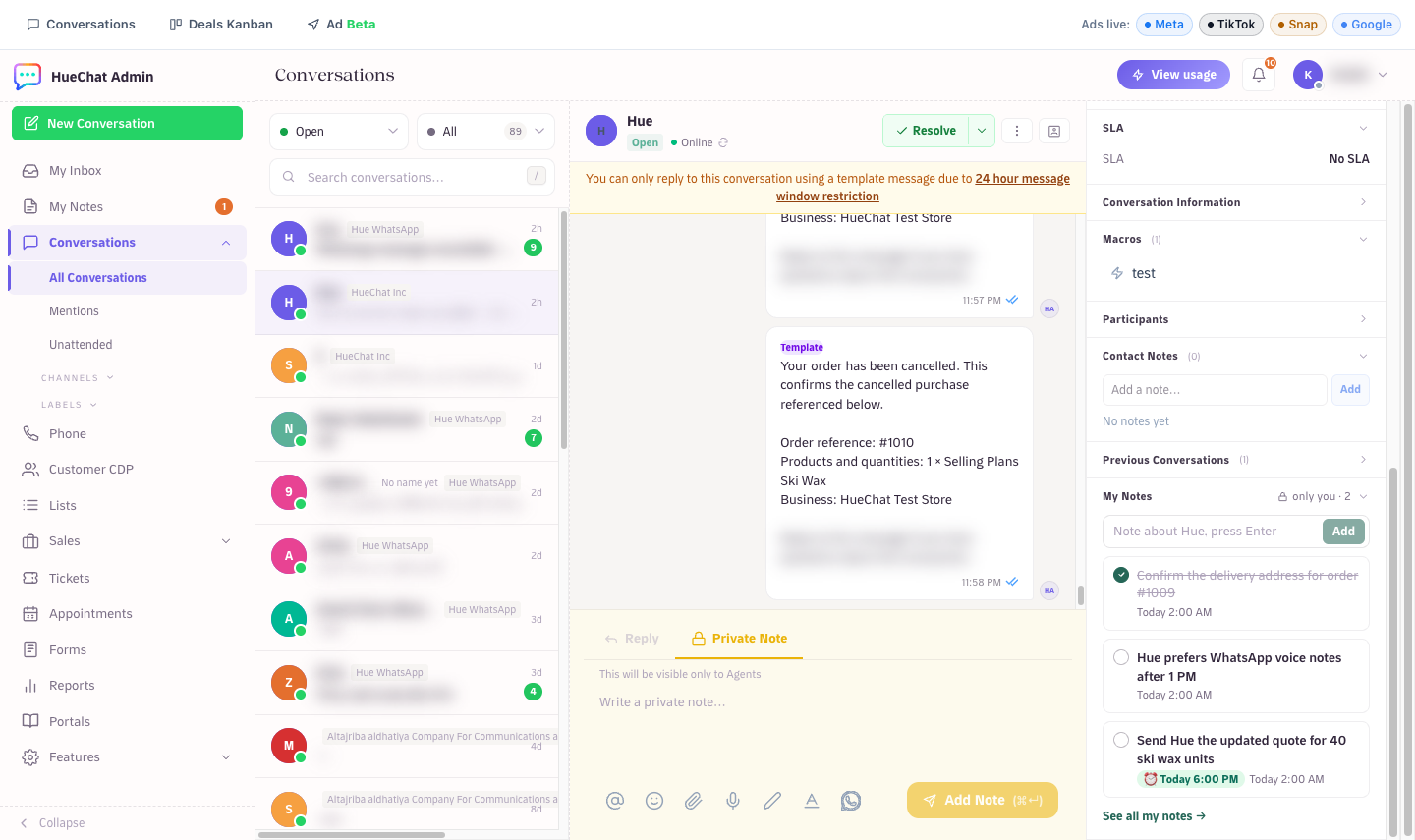 The My Notes section at the bottom of the contact panel in a conversation