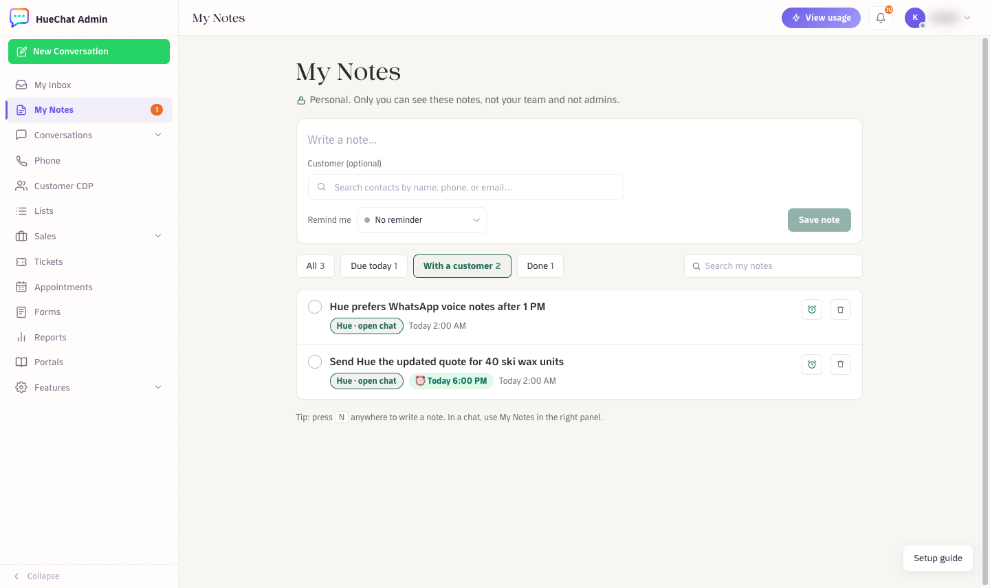 The With a customer filter, the search box and notes with a customer chip and a reminder
