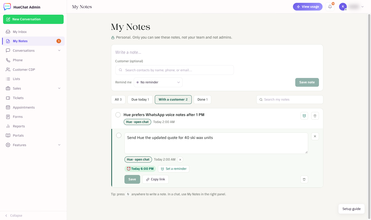An open note with Save and Copy link