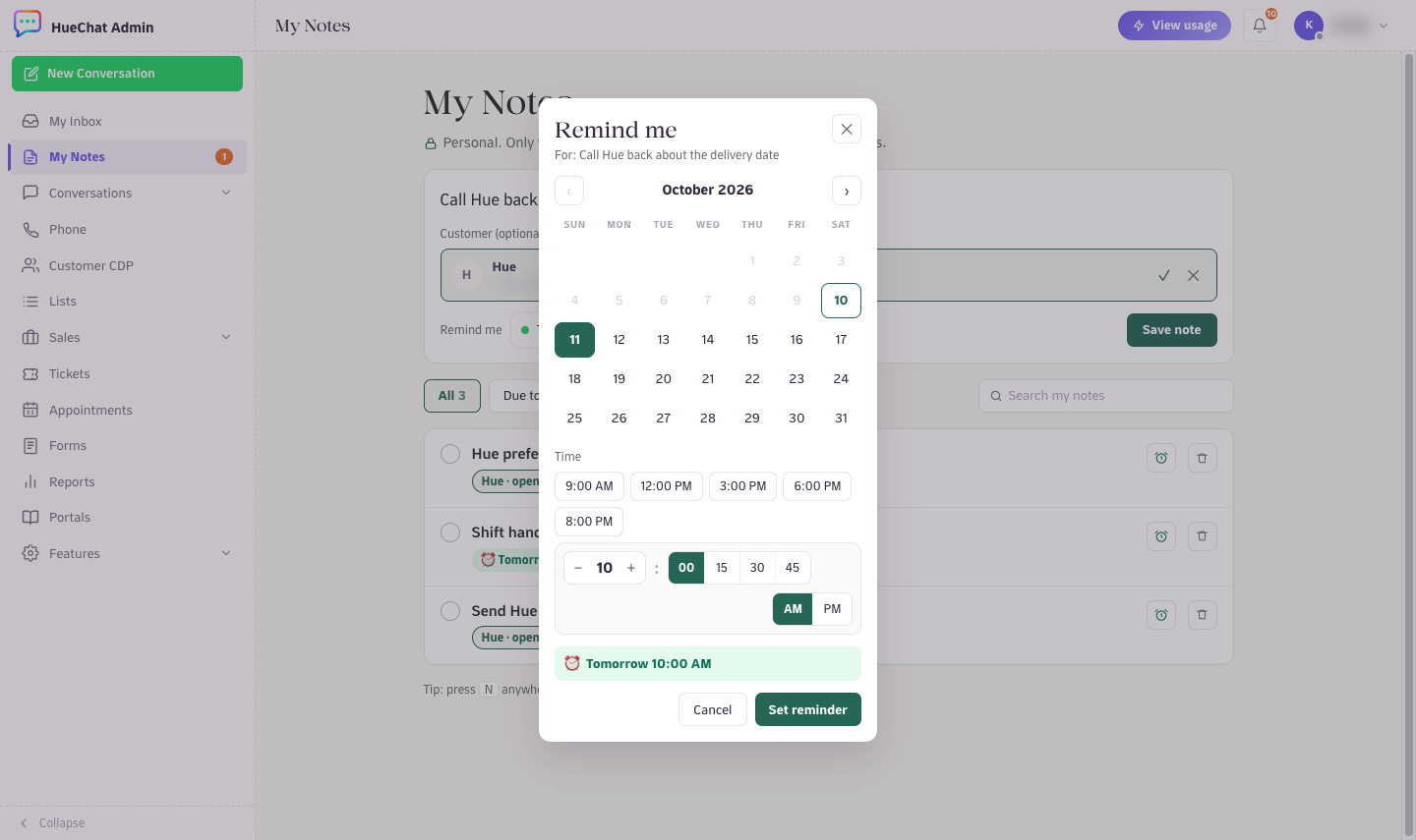 Pick a date and time: the calendar, quick times, hour, minutes and AM or PM