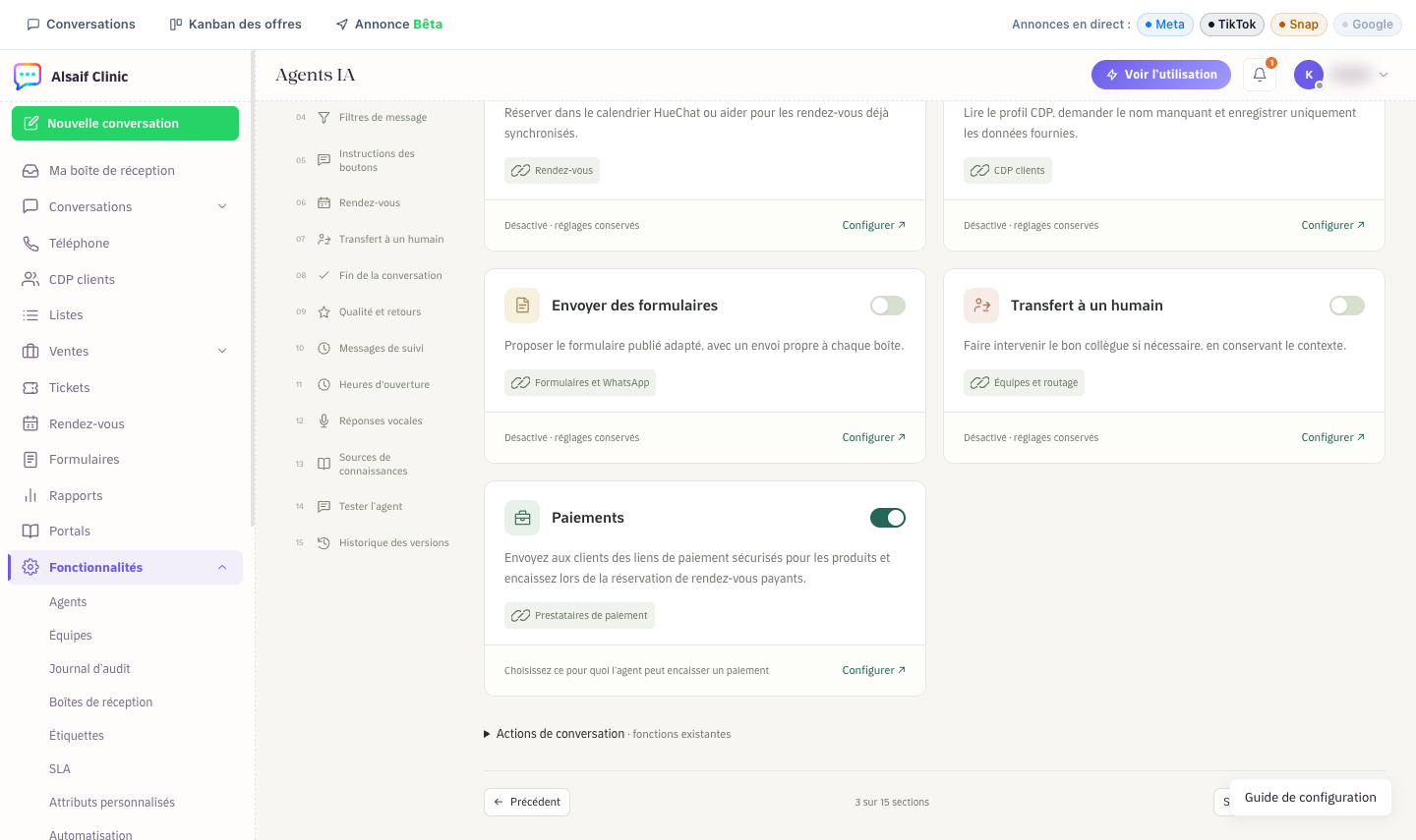 La carte Paiements dans Outils et actions