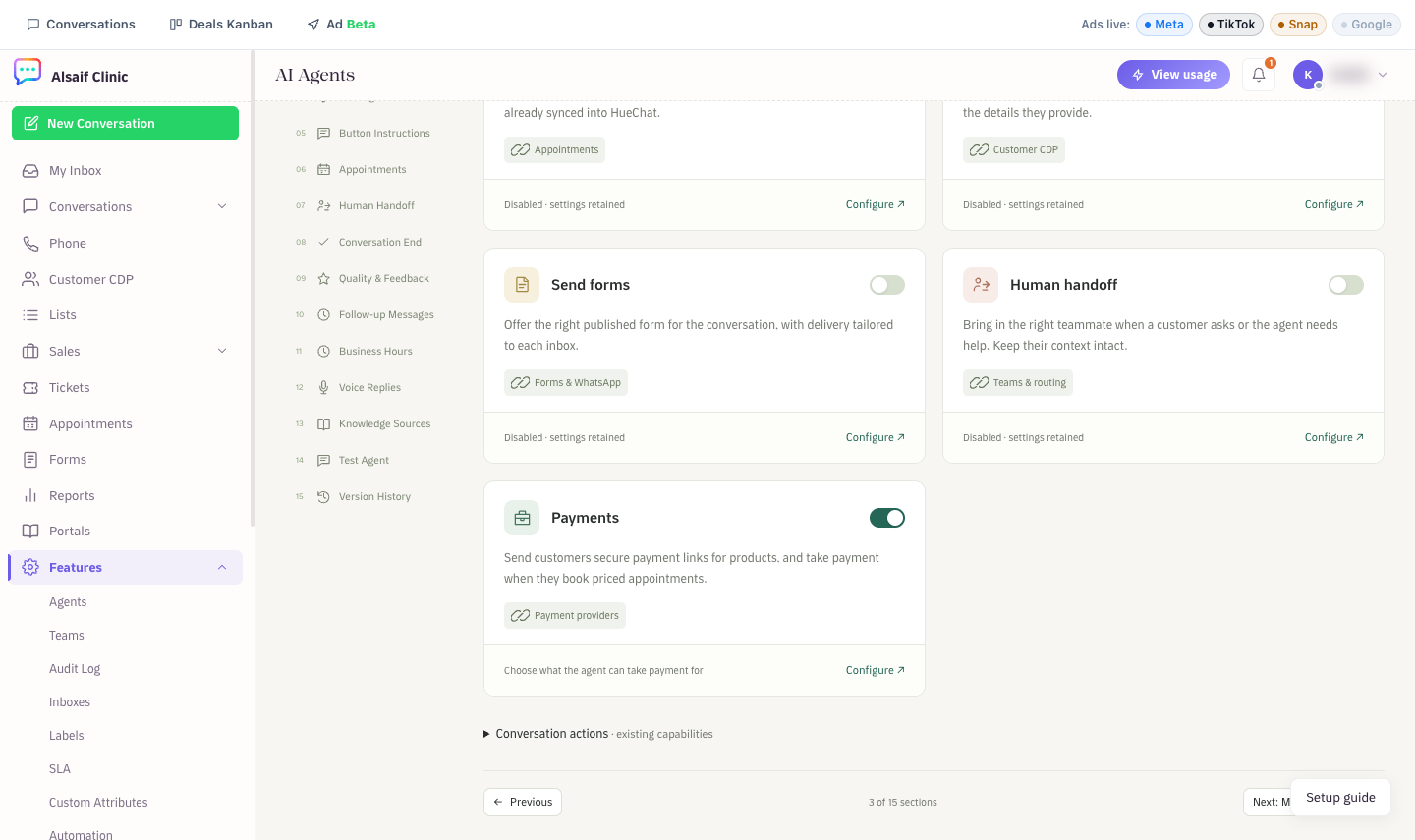 The Payments card in Tools & actions