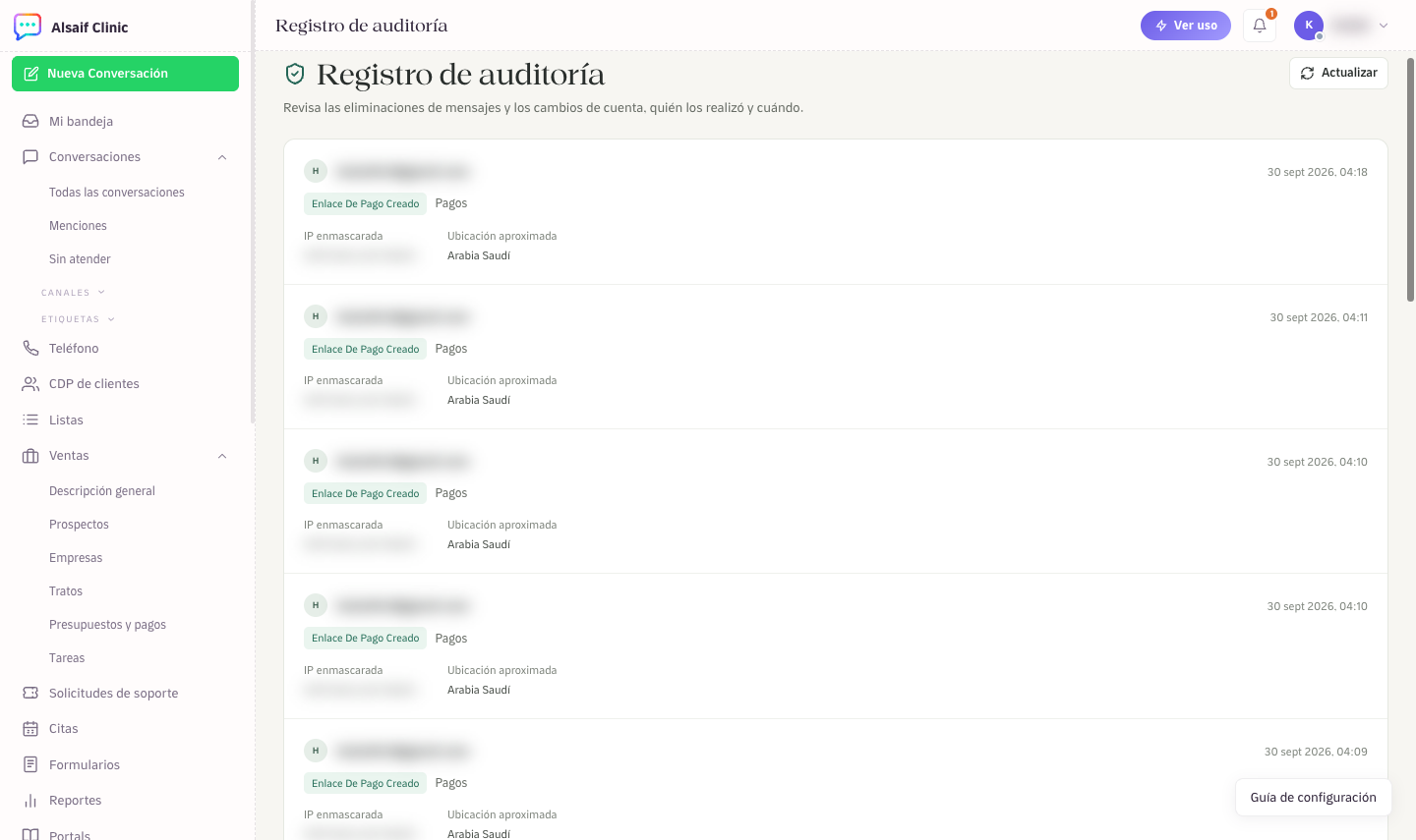 Entradas de pagos en el Registro de auditoría