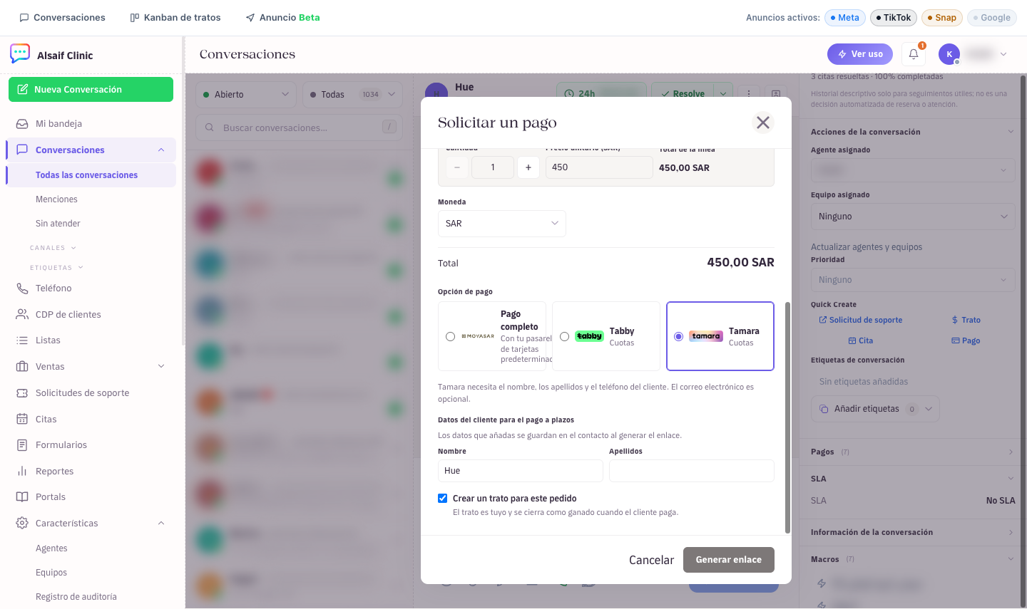 Elegir pago completo o a plazos, con los datos del cliente que necesita el proveedor