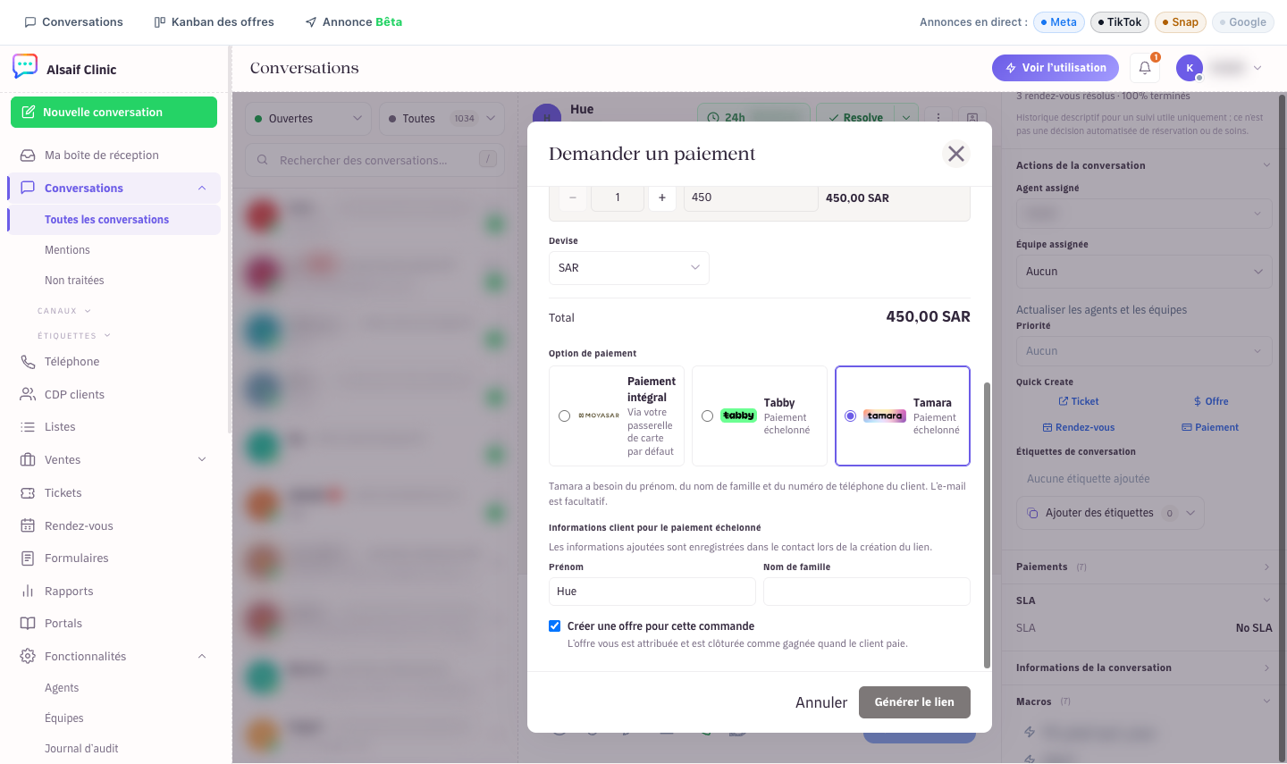 Choisir le paiement intégral ou en plusieurs fois, avec les coordonnées demandées par le prestataire