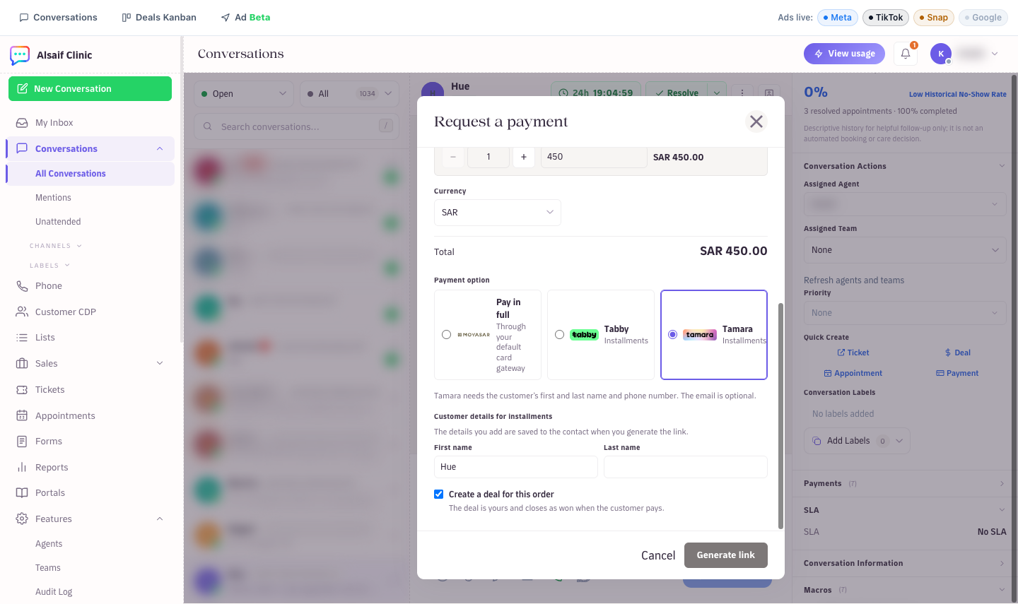Choosing Pay in full or installments, with the customer details the provider needs