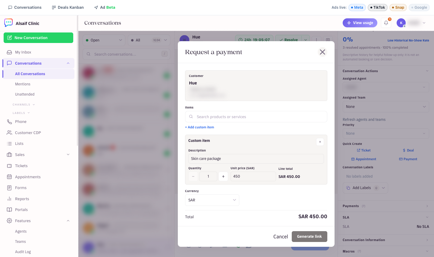The Request a payment dialog with items and the total