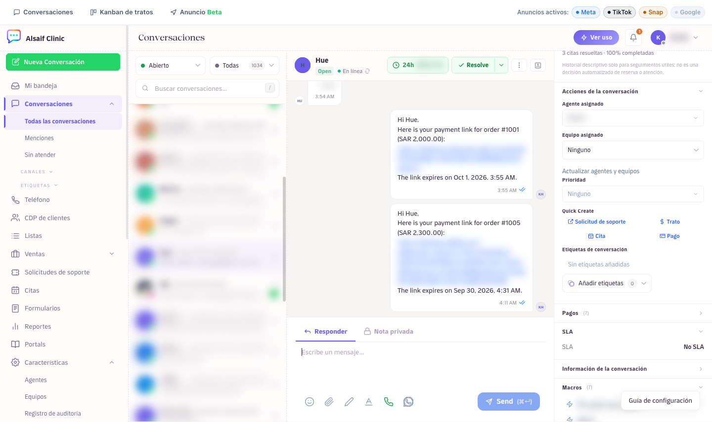 Un enlace de pago enviado al cliente en el chat