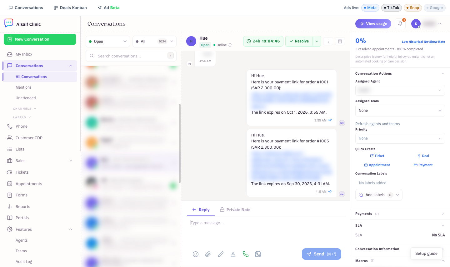 A payment link sent to the customer in the chat