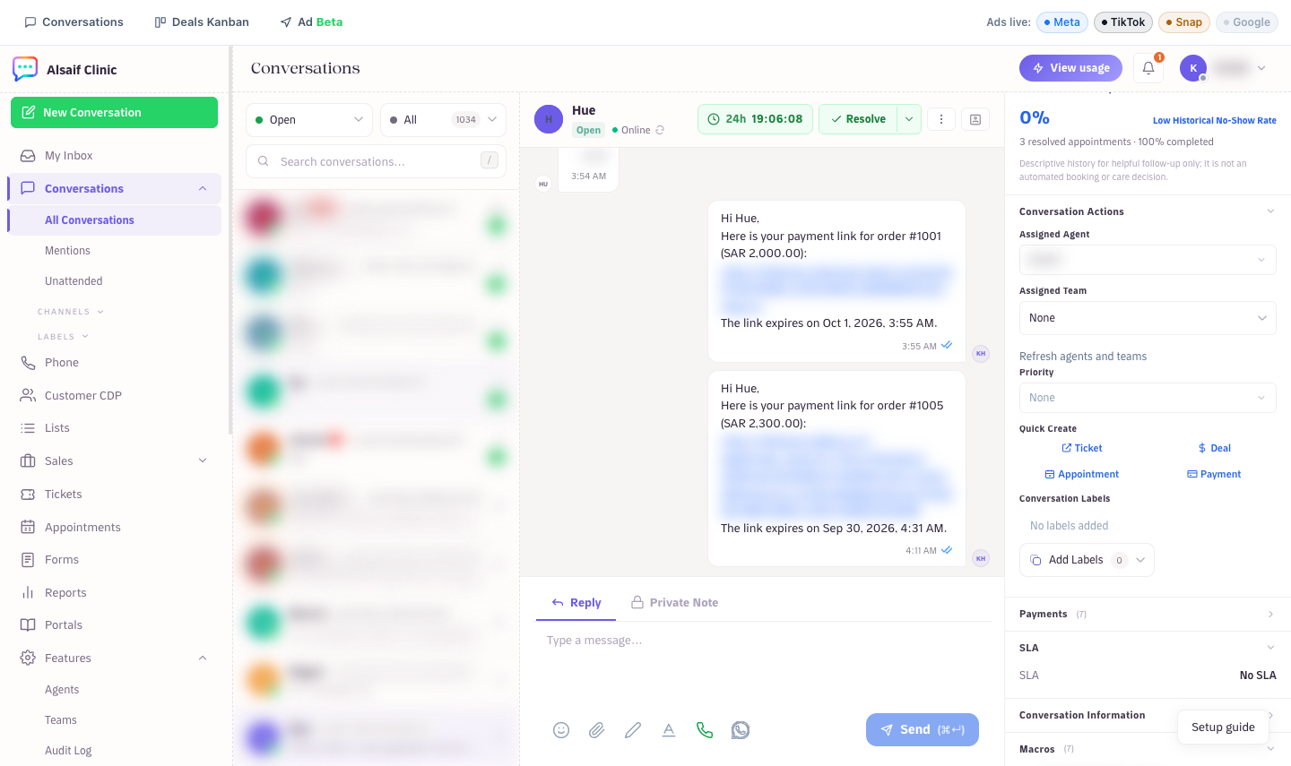 Payment under Quick Create in the conversation sidebar
