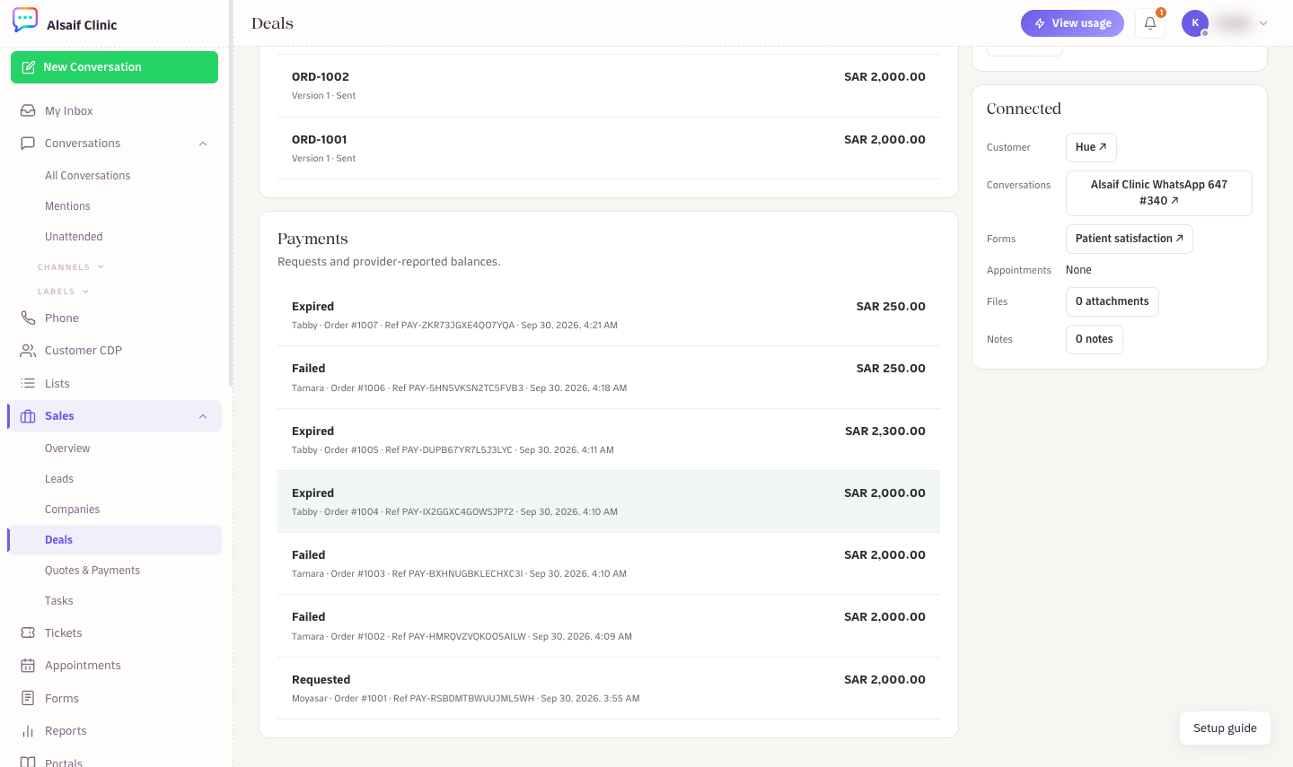 Payments on the deal's Quotes & payments tab