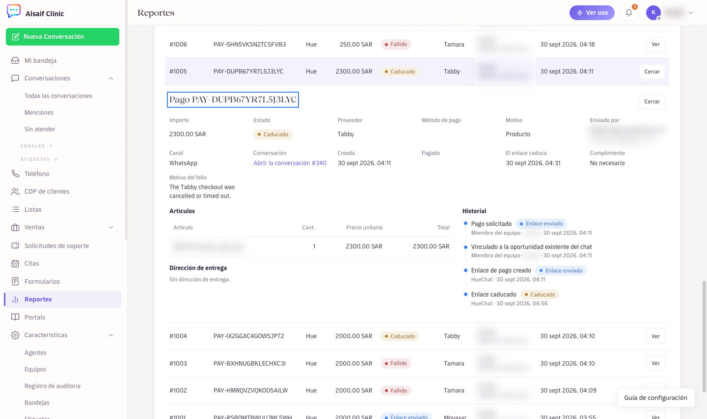 El detalle y el historial de un pago