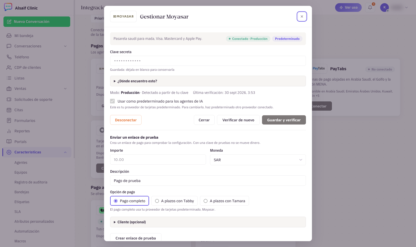 Conectar Moyasar: pega la clave y elige Guardar y verificar