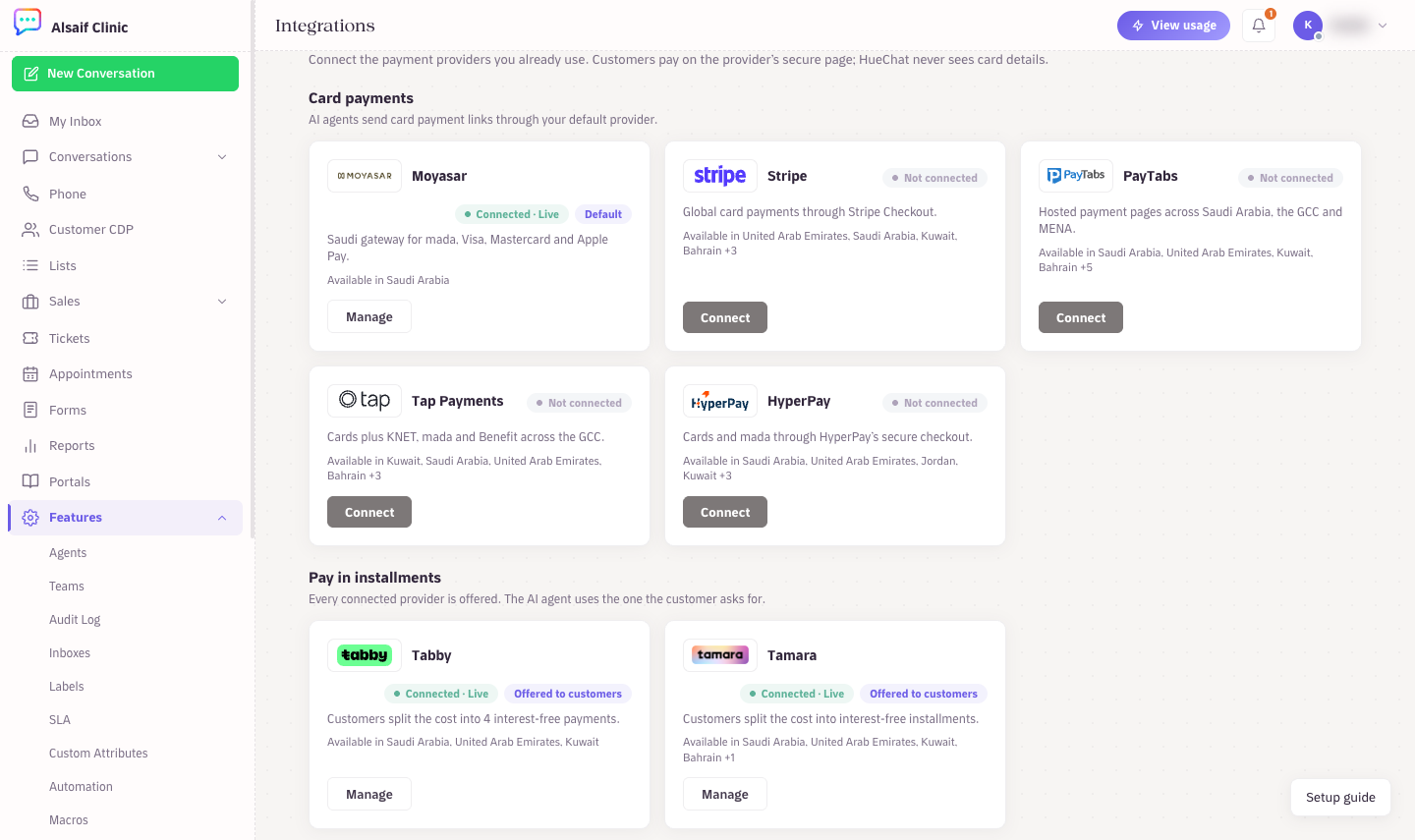 Card and installment providers on the Payments page