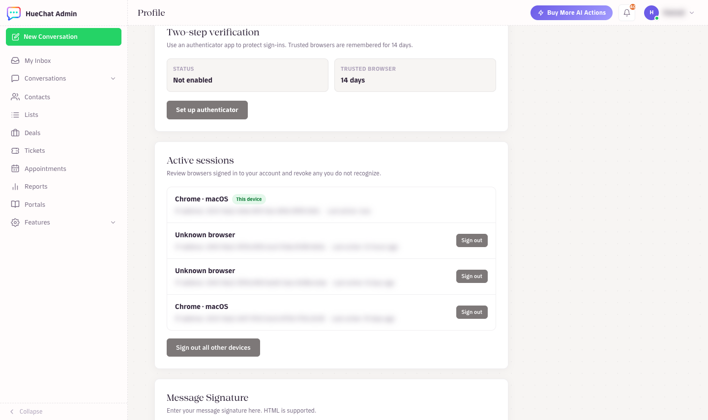 Active sessions: revoke any browser you do not recognise