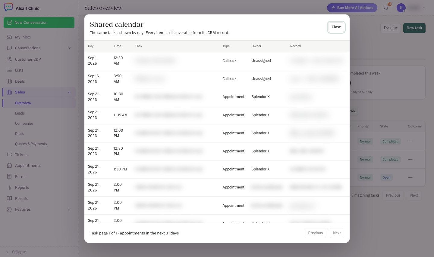 The shared calendar lists tasks and appointments by day