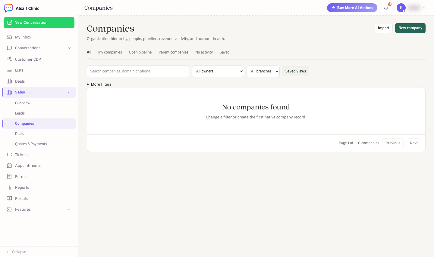 Companies with its tabs, filters and the New company button