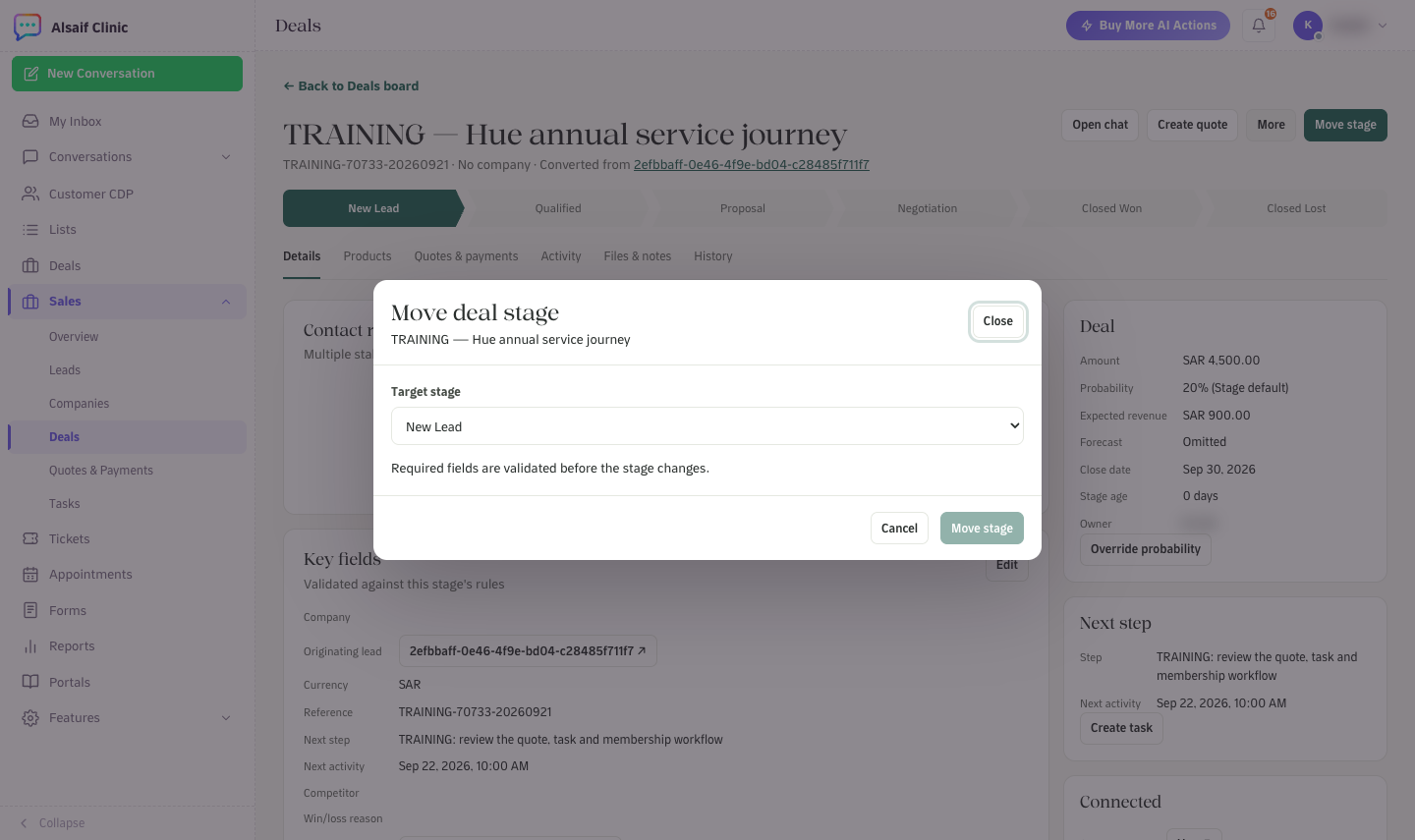 Move deal stage: required fields are checked before the stage changes