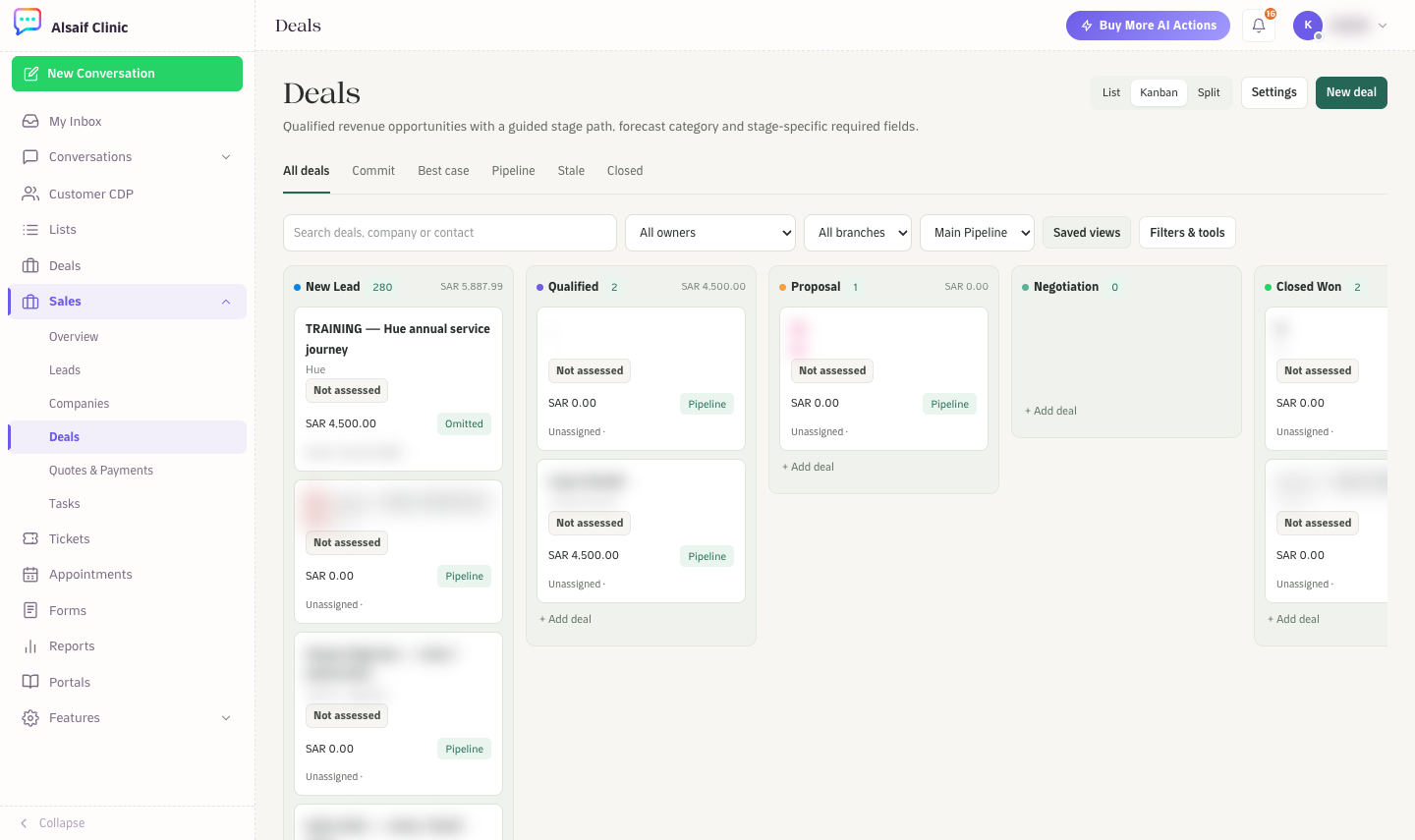 Deals in Kanban view with stage totals