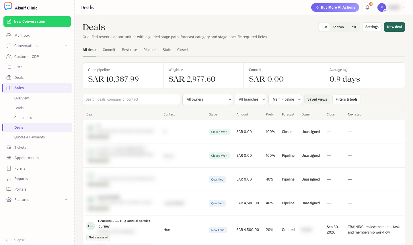 Deals in List view with pipeline totals