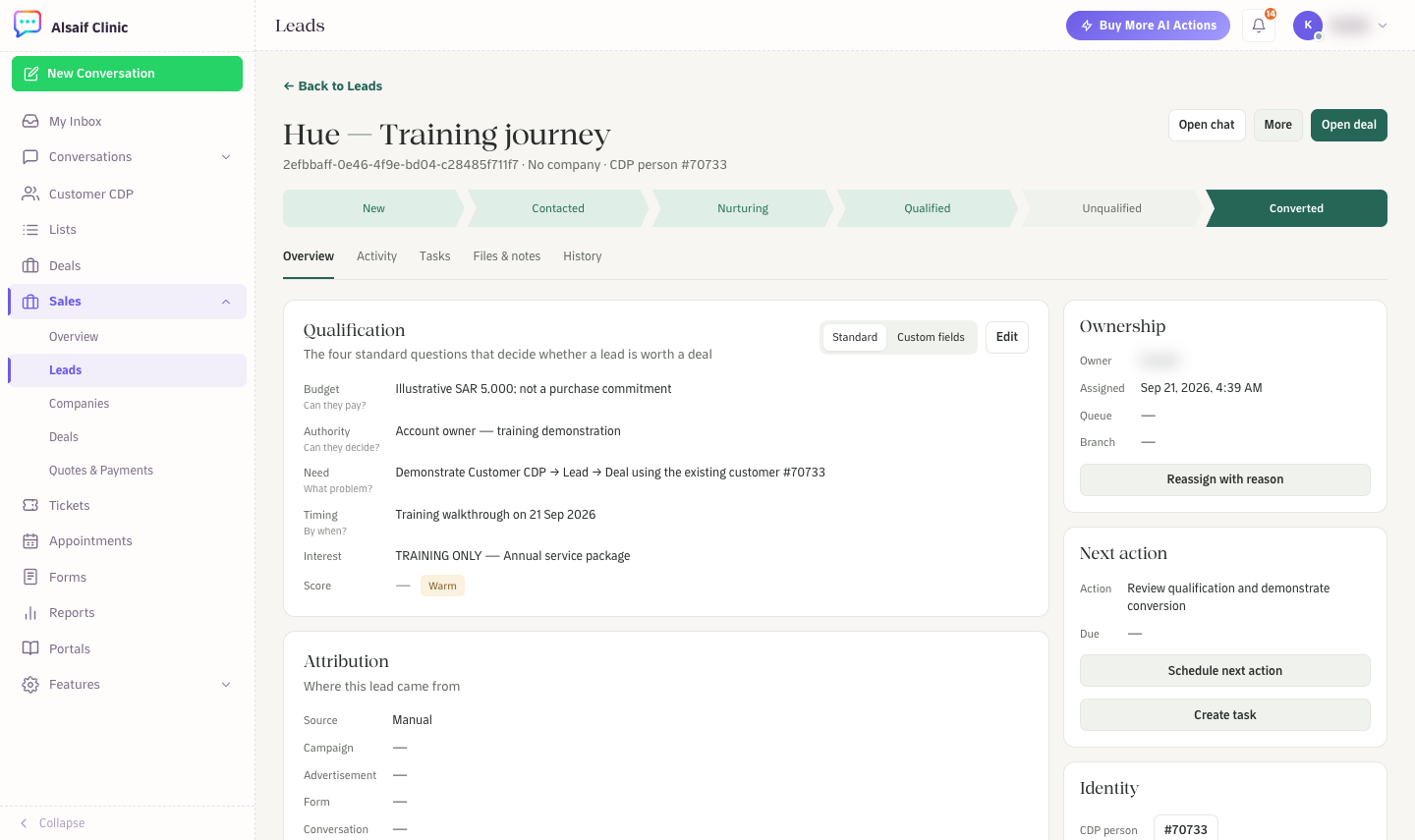 A lead record with the status path, qualification, attribution, ownership and next action
