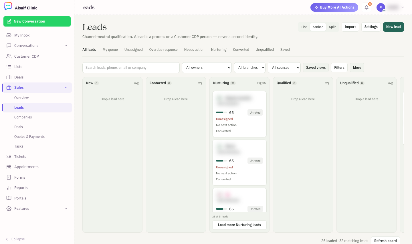 Leads in Kanban view, one column per qualification status